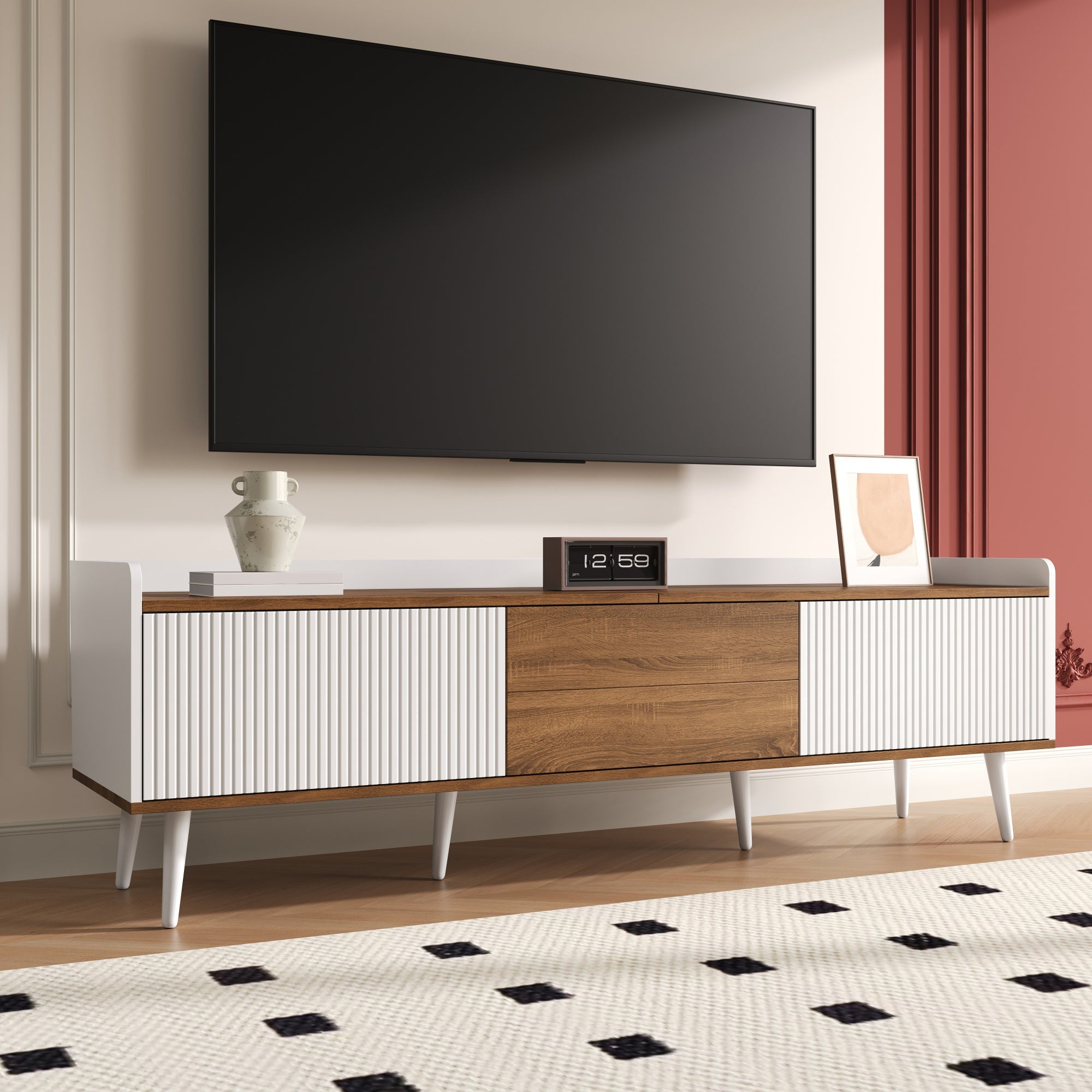 TV Cabinet, 3-Door Base, Compact Design, White and Natural Wood