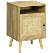 Bedside Table with Shelf and Cupboard, Rattan Element, Natural