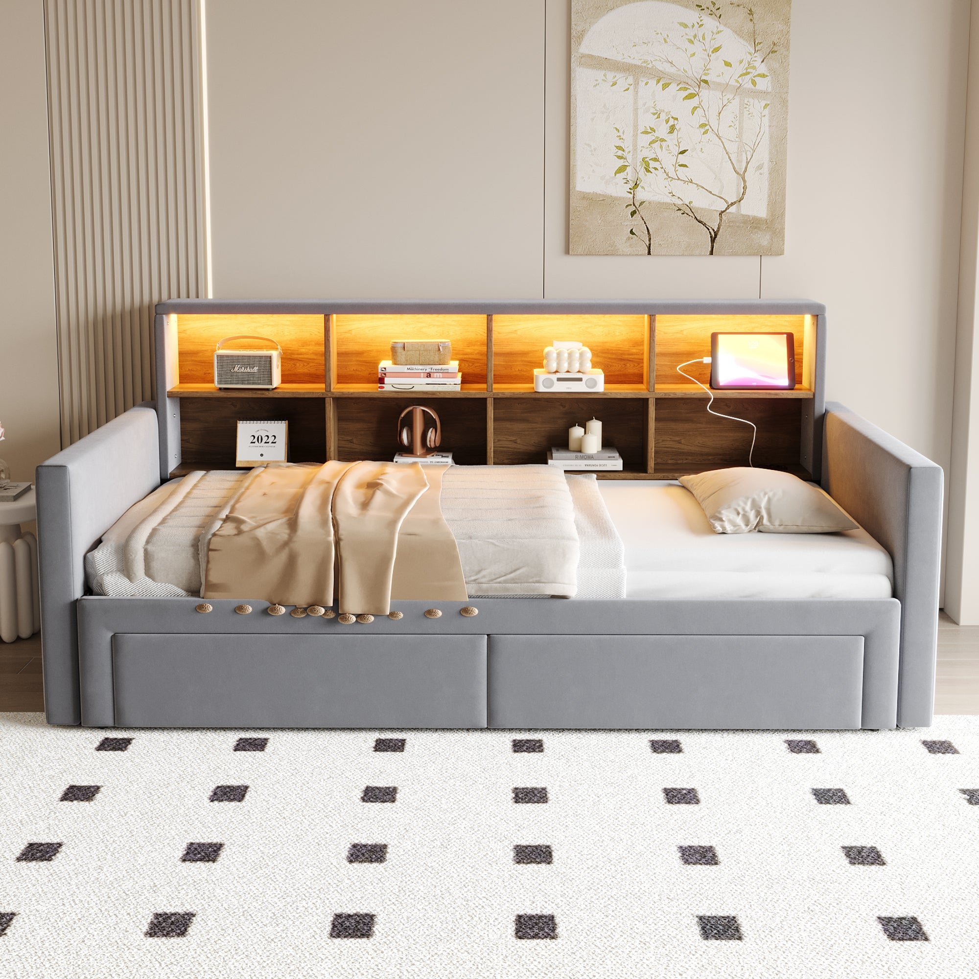 Extendable Upholstered Sofa Bed with Storage Headboard, LED Lights and Charging Ports, Dark Grey Velvet