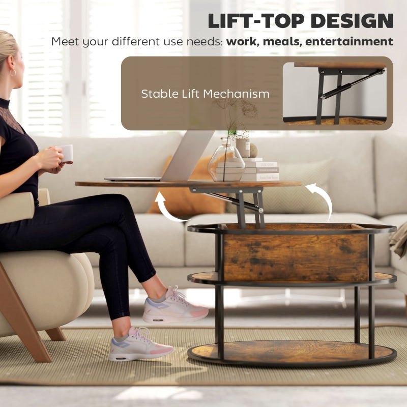 Lift Top Coffee Table, Round Storage Shelf Steel Frame, Brown