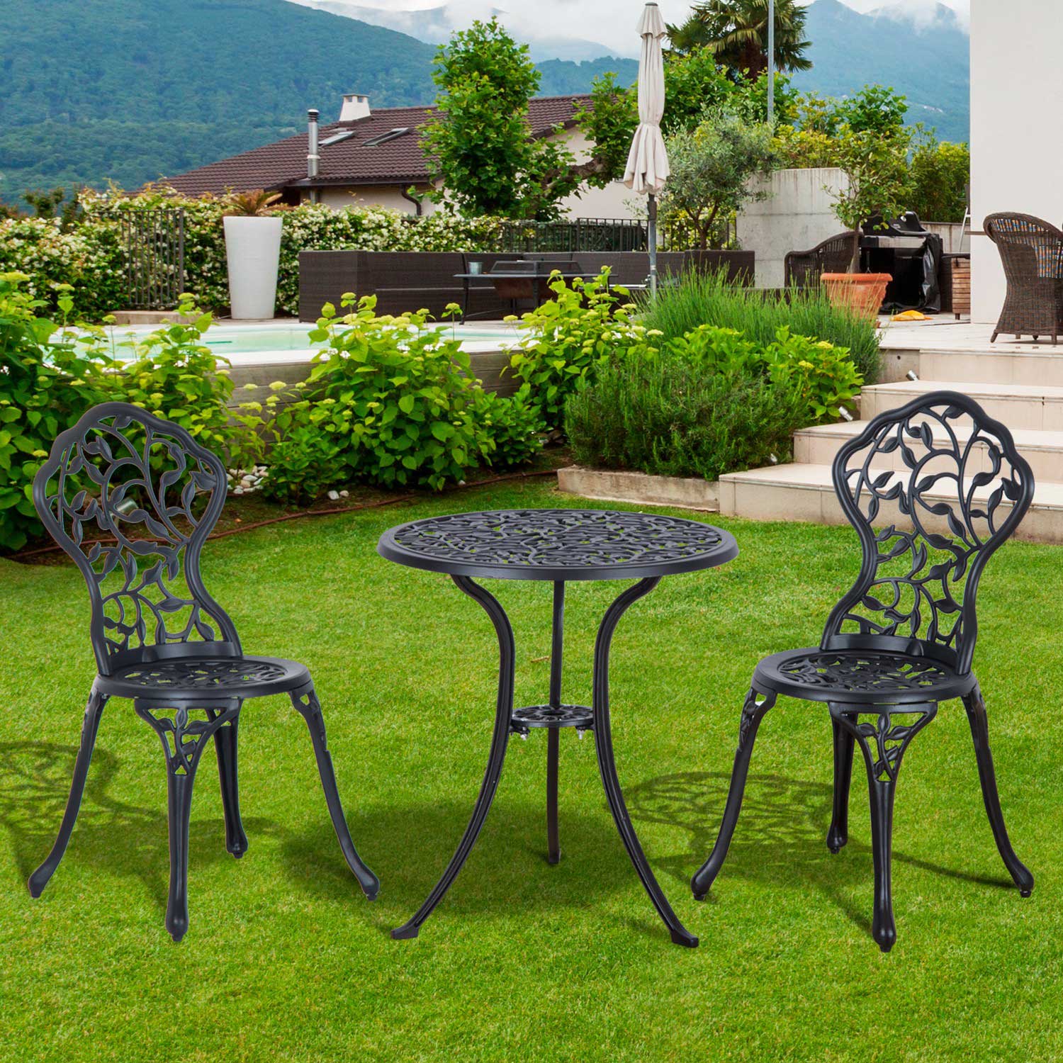 3 Pcs Bistro Set, Garden Furniture Dining Table Chairs, Aluminium Black