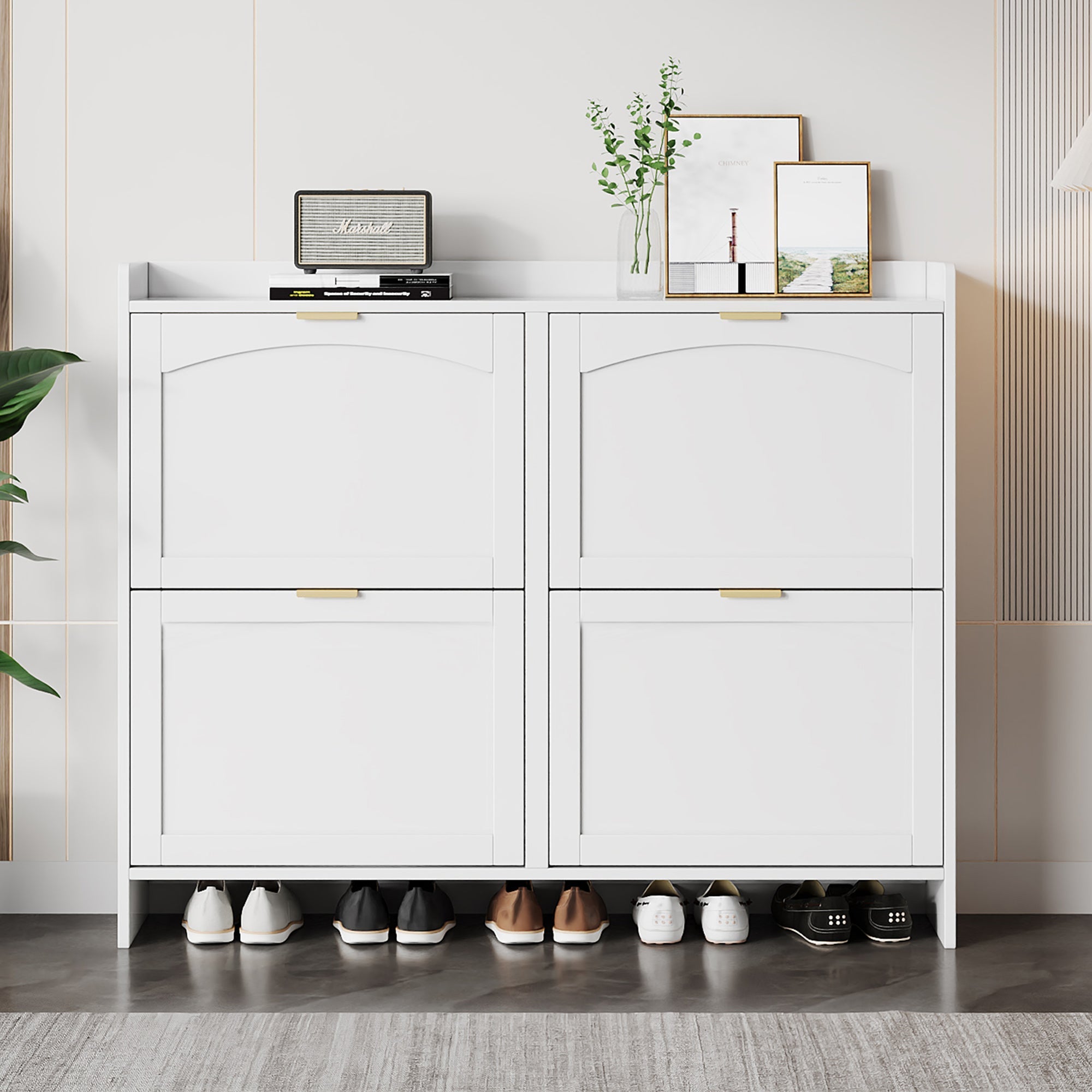 Shoe Cabinet 4 Drop-Down Compartments Open Shelves Entryway/Hallway, White