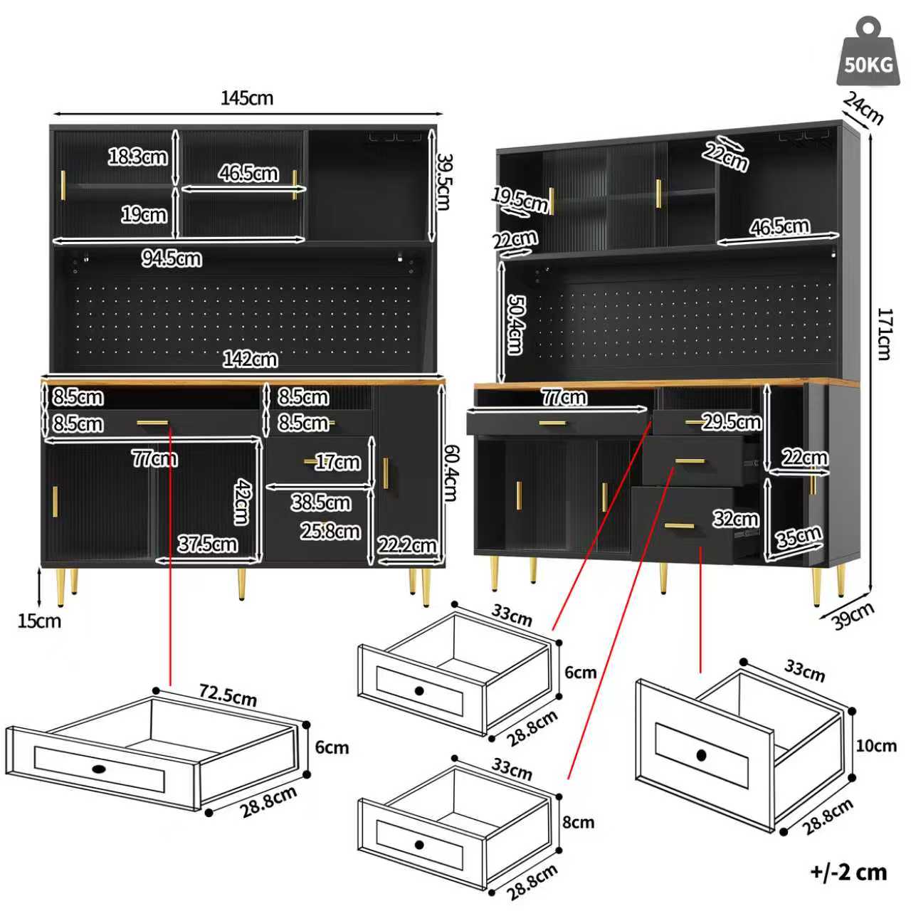 Tall Cabinet LED Lighting Pegboard Shelves Black