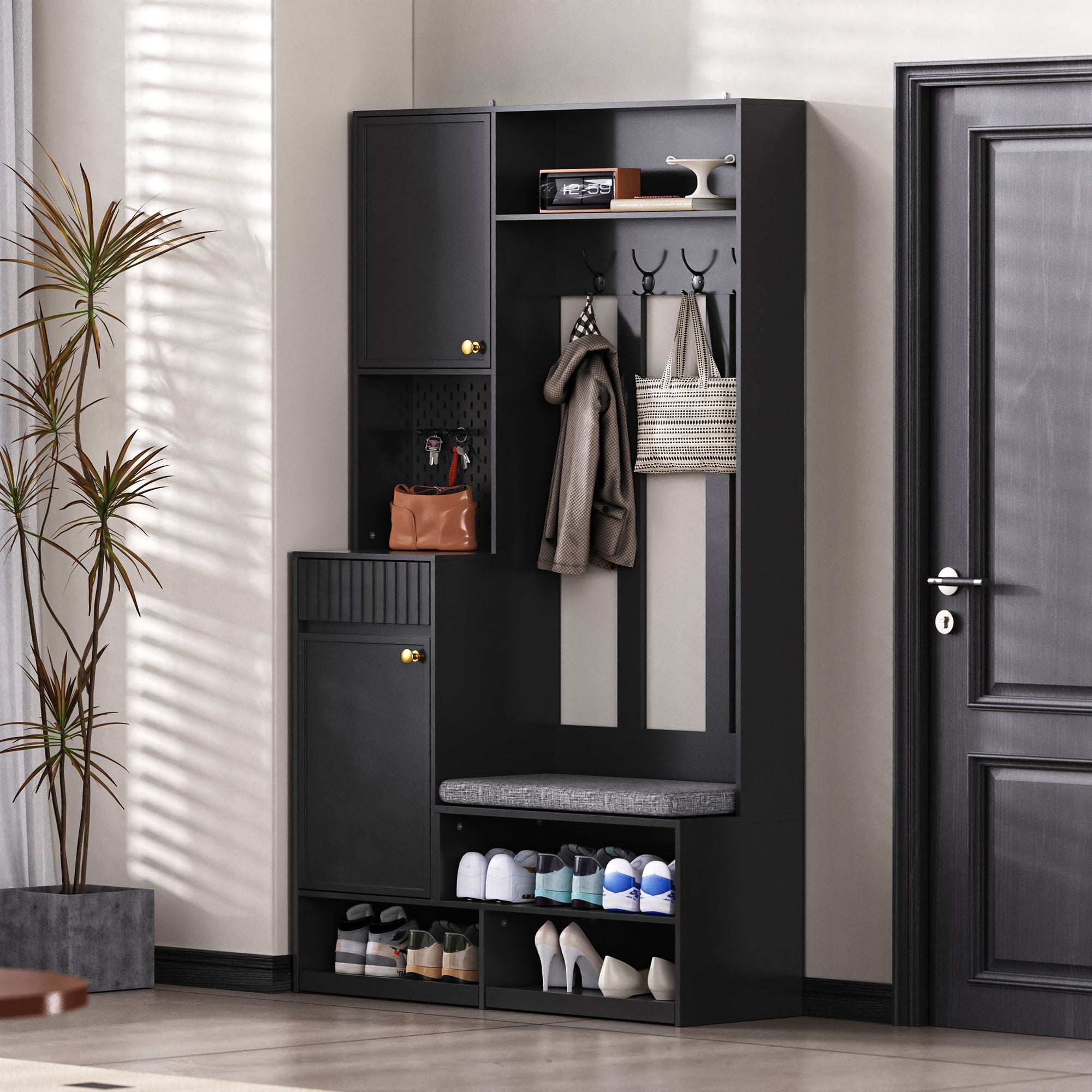 Wardrobe set complete hallway wardrobe set with bench, 4 hooks, doors & drawers - black