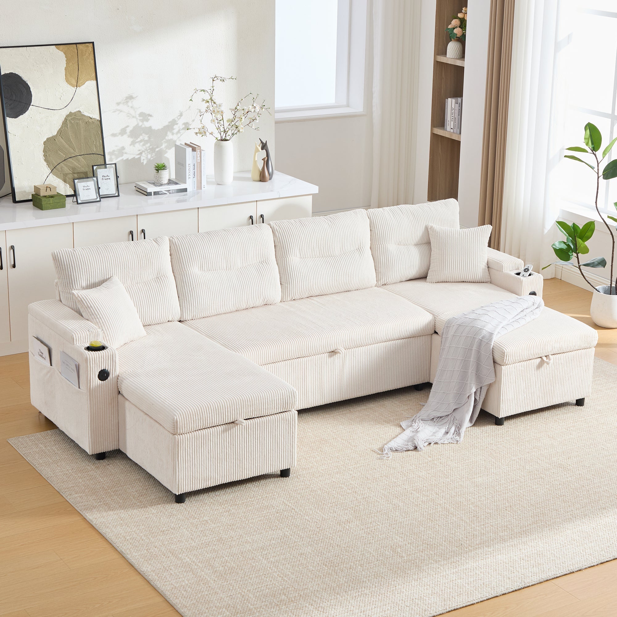 Modern 4-Seater Sofa with Double Chaise, Pull-out Bed, Storage and USB Ports, Beige Velvet