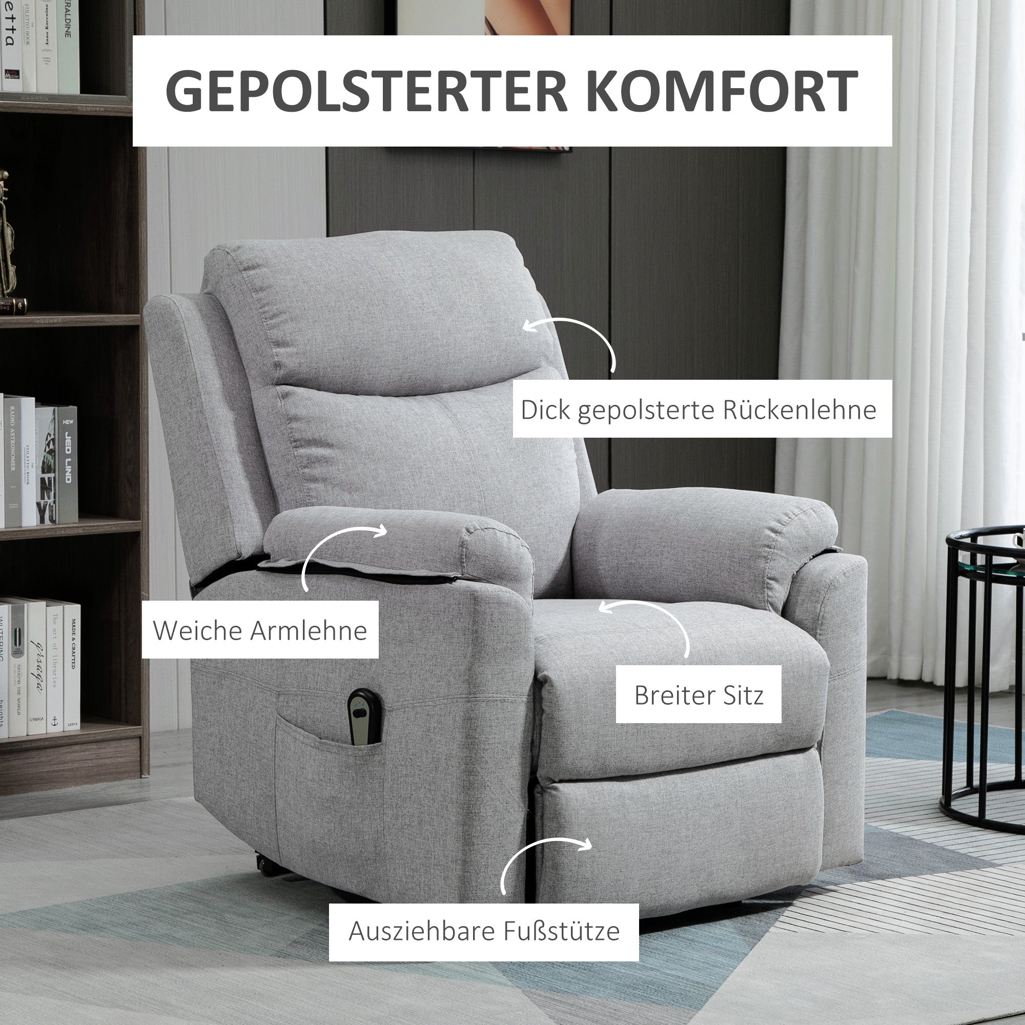 Electric TV Recliner with Lift Assistance, 1 Motor, Side Pocket, Gray Fabric