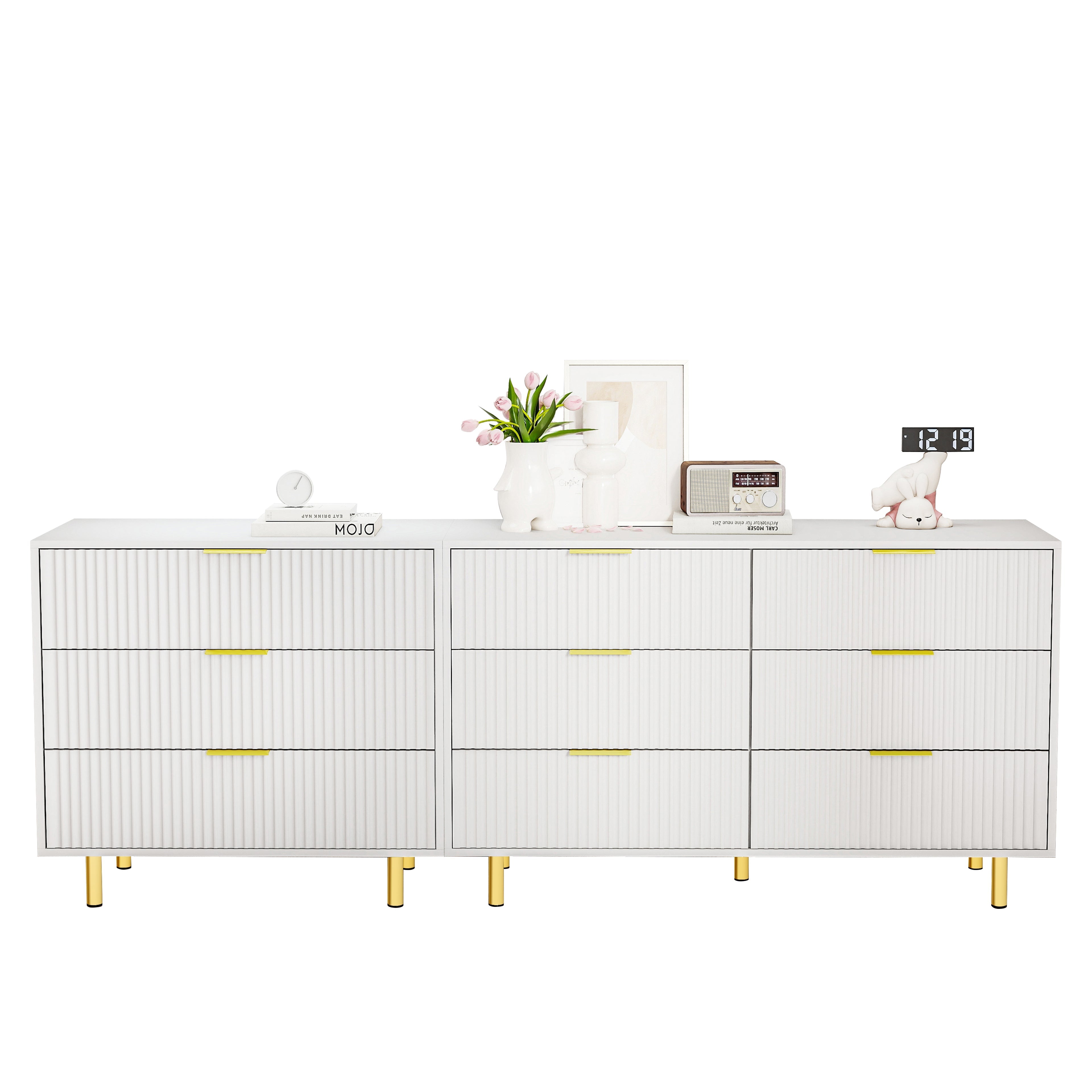 Modular Drawer Unit with 9 Drawers and Modern Sideboard Set, White and Gold