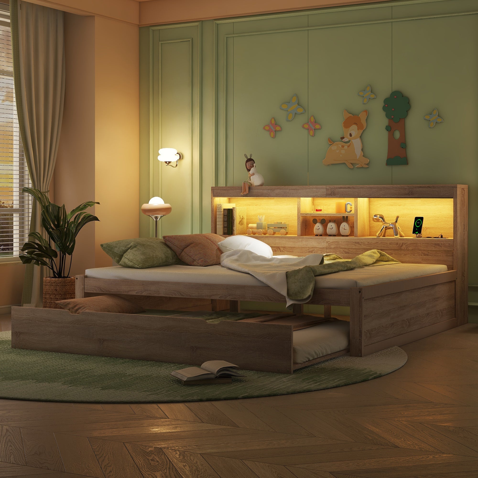 Daybed Sofa Bed 140x200cm Pull-out Bed LED Storage USB/Outlet - Natural