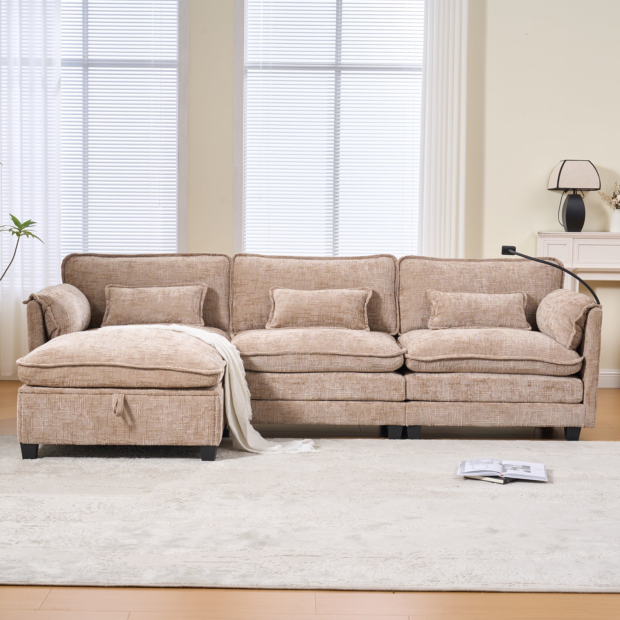 Modern 2-seater Sofa USB Storage Modular Footstool - Khaki Chenille