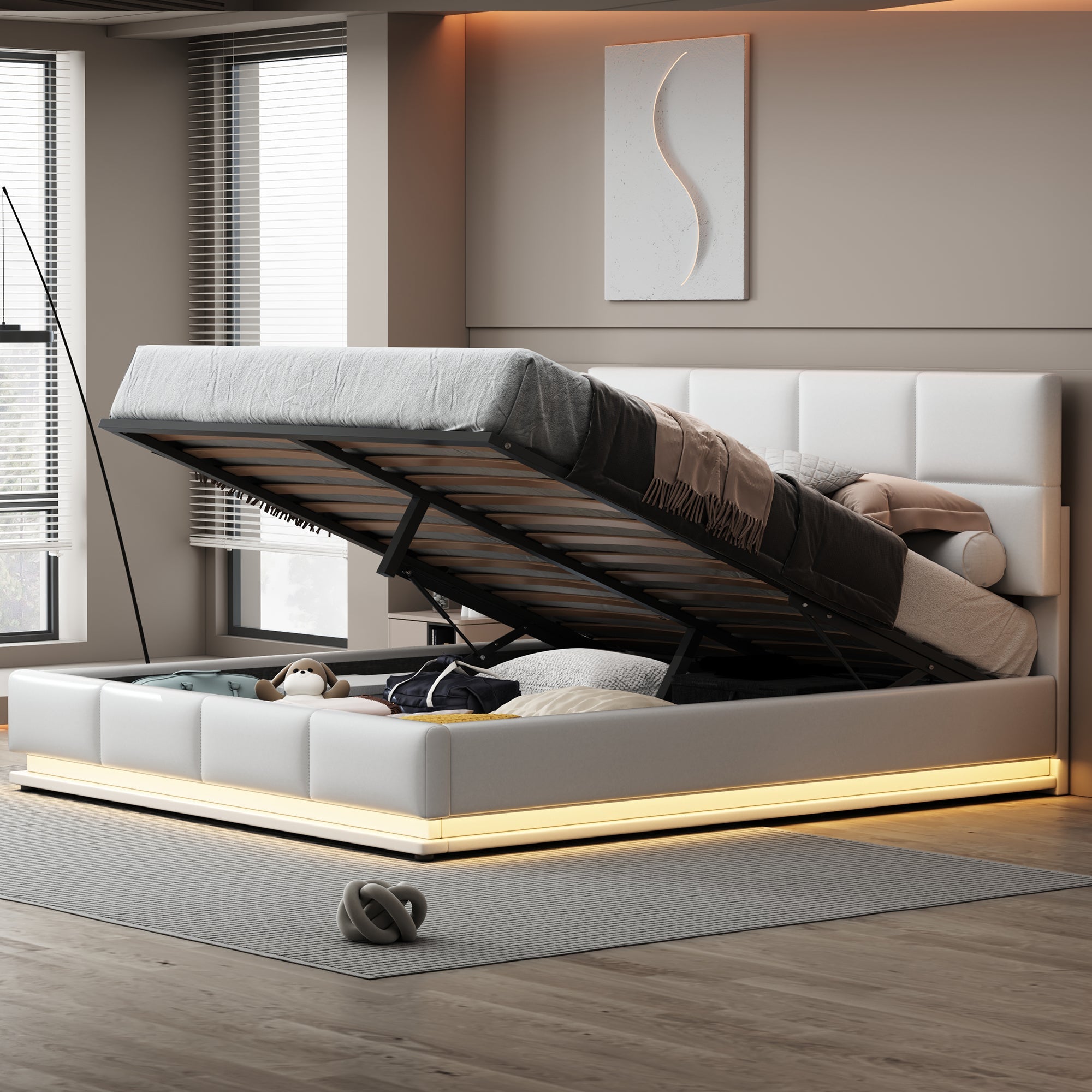 Upholstered Double Bed with LED Light Strip, 180 x 200 cm, White/Gray Faux Leather