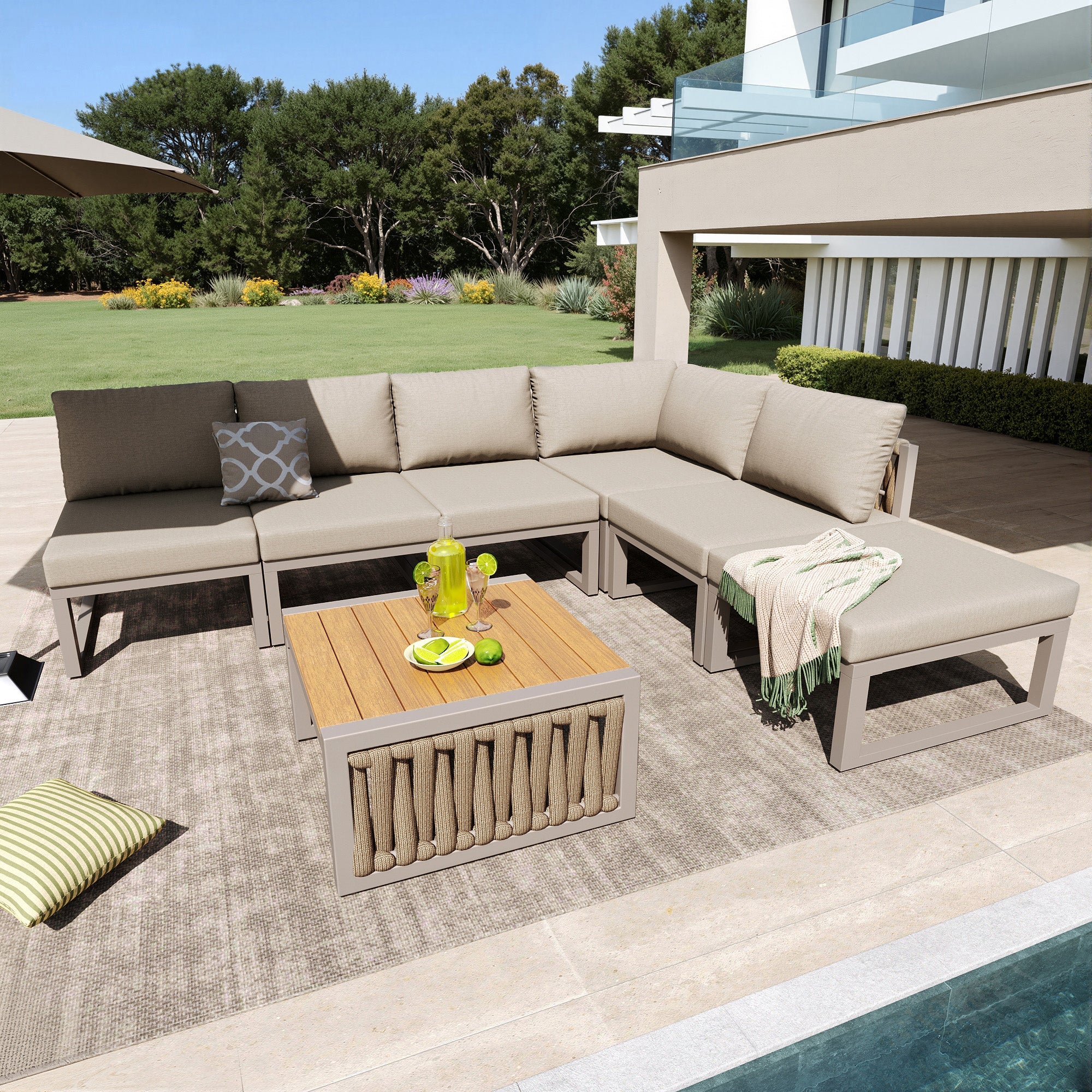 Garden Furniture Set 6 Person Double Lounger Adjustable Backrest Cushions - Beige