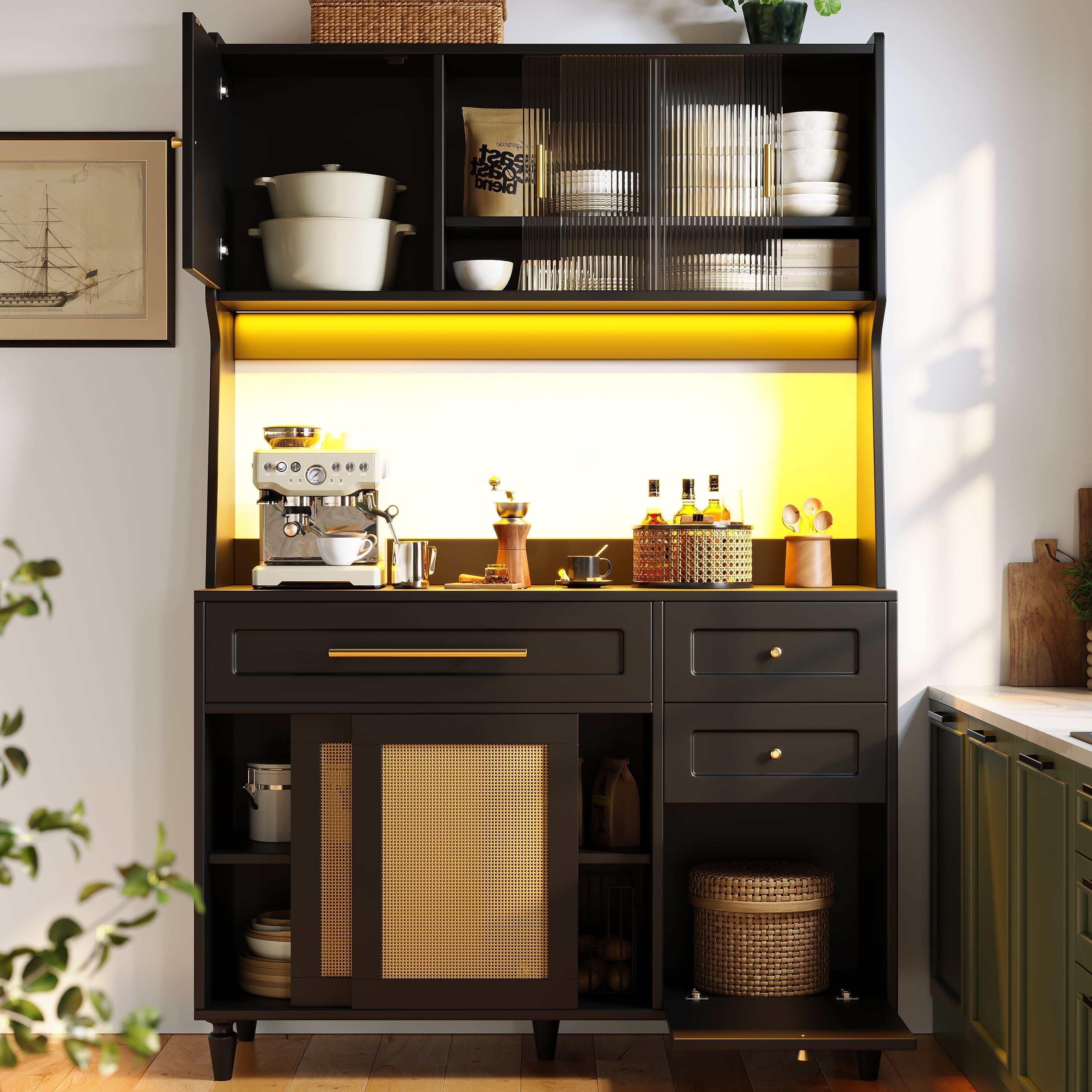 Tall Cabinet Buffet Display LED Rattan 3 Drawers - Black