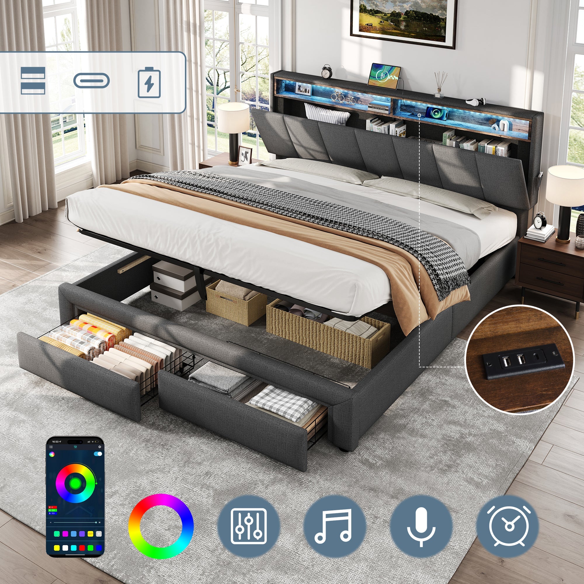 King Upholstered Bed Frame Hydraulic & Drawers Storage, LED Adjustable Headboard, Linen Grey