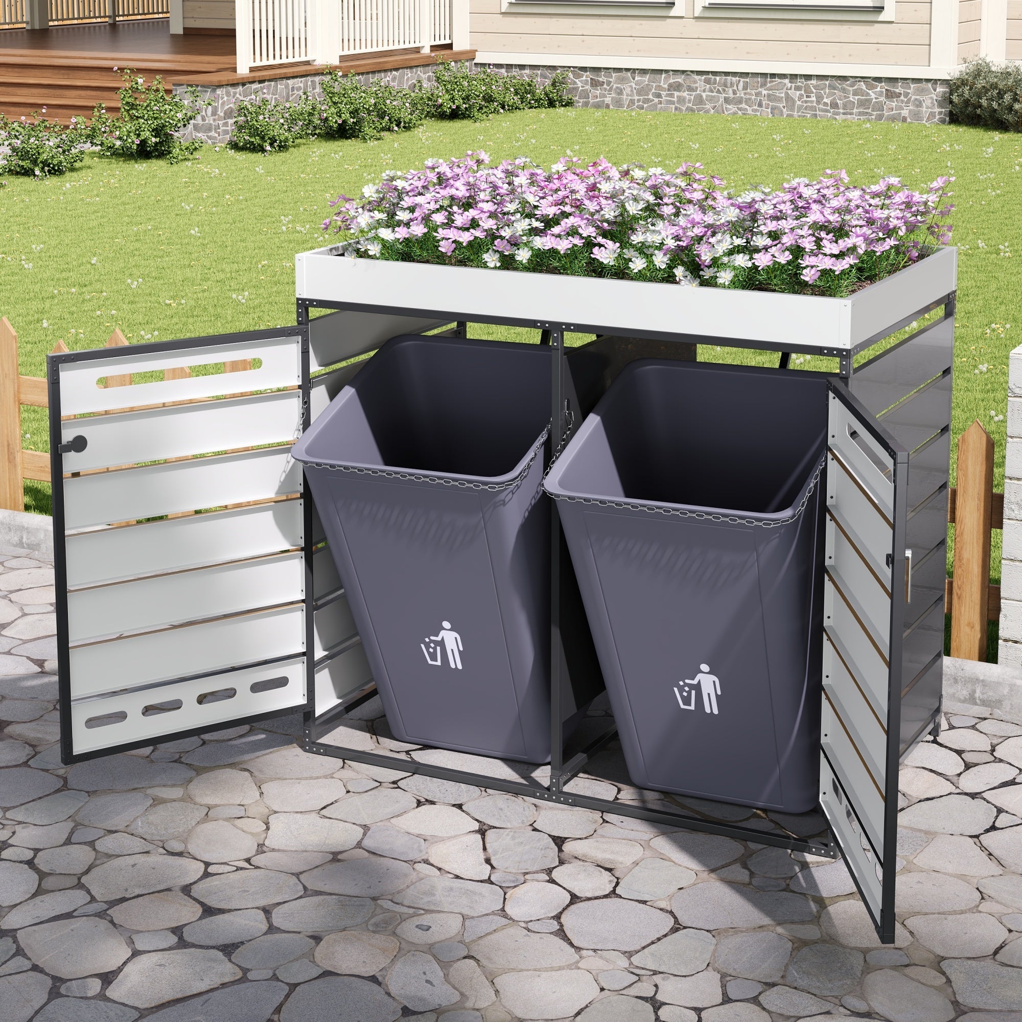 Garden Bin Storage with Planter Box, Slotted Ventilation and Lockable Door, Iron with Wood-Look Slats
