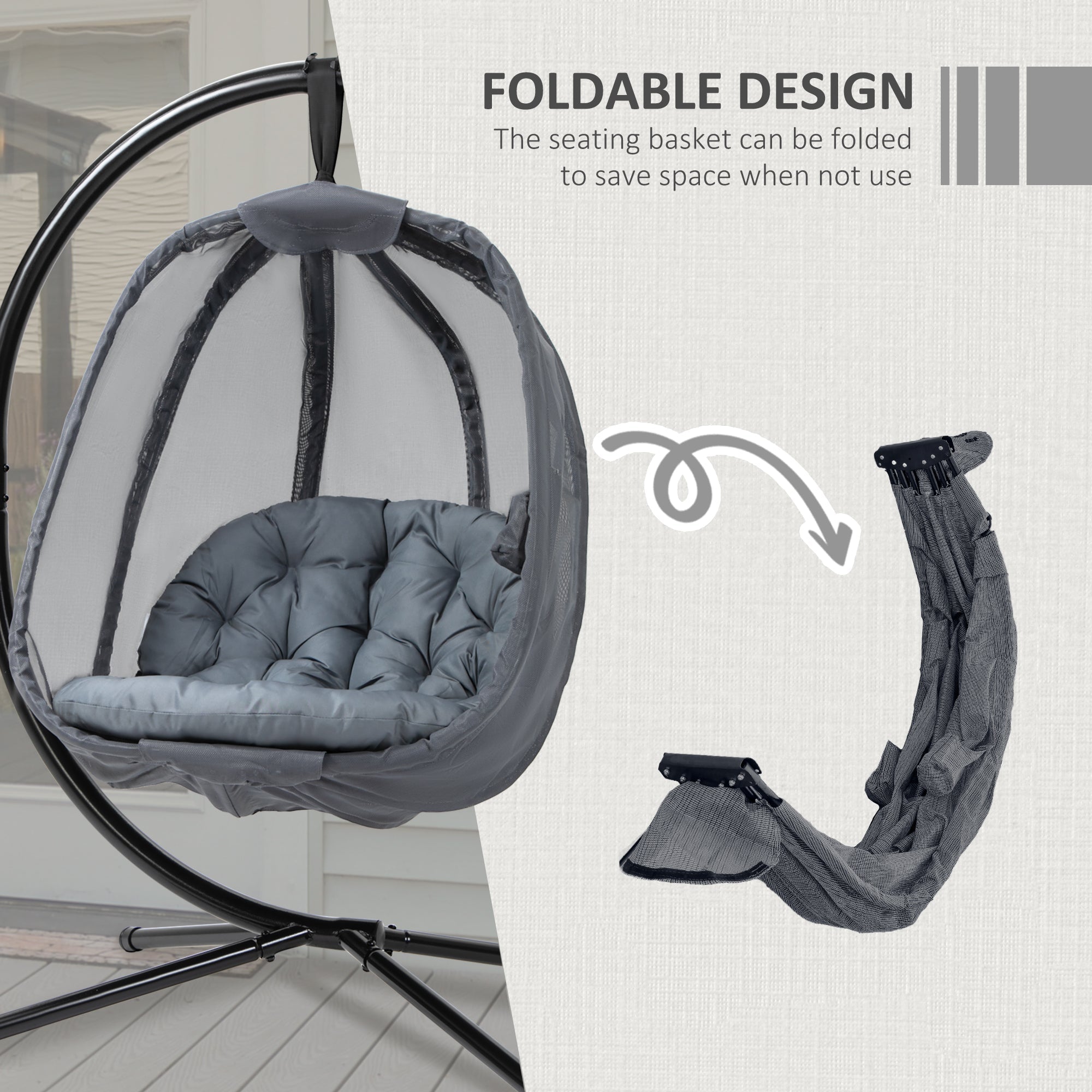 Hanging Egg Chair, Folding Swing Hammock with Stand, Grey