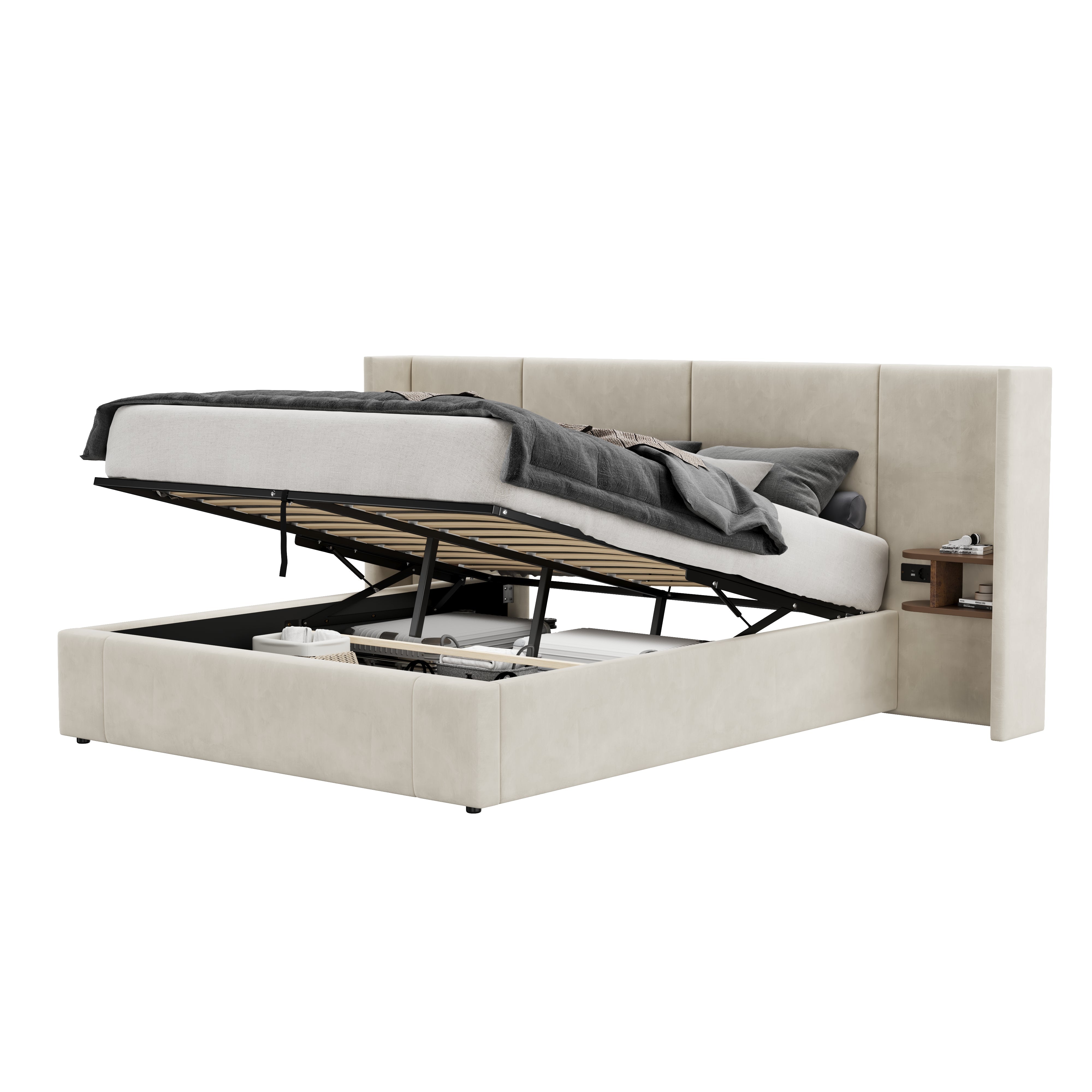 Upholstered Storage Bed with Hydraulic Lift, USB Charging & Two Bedside Tables, Beige