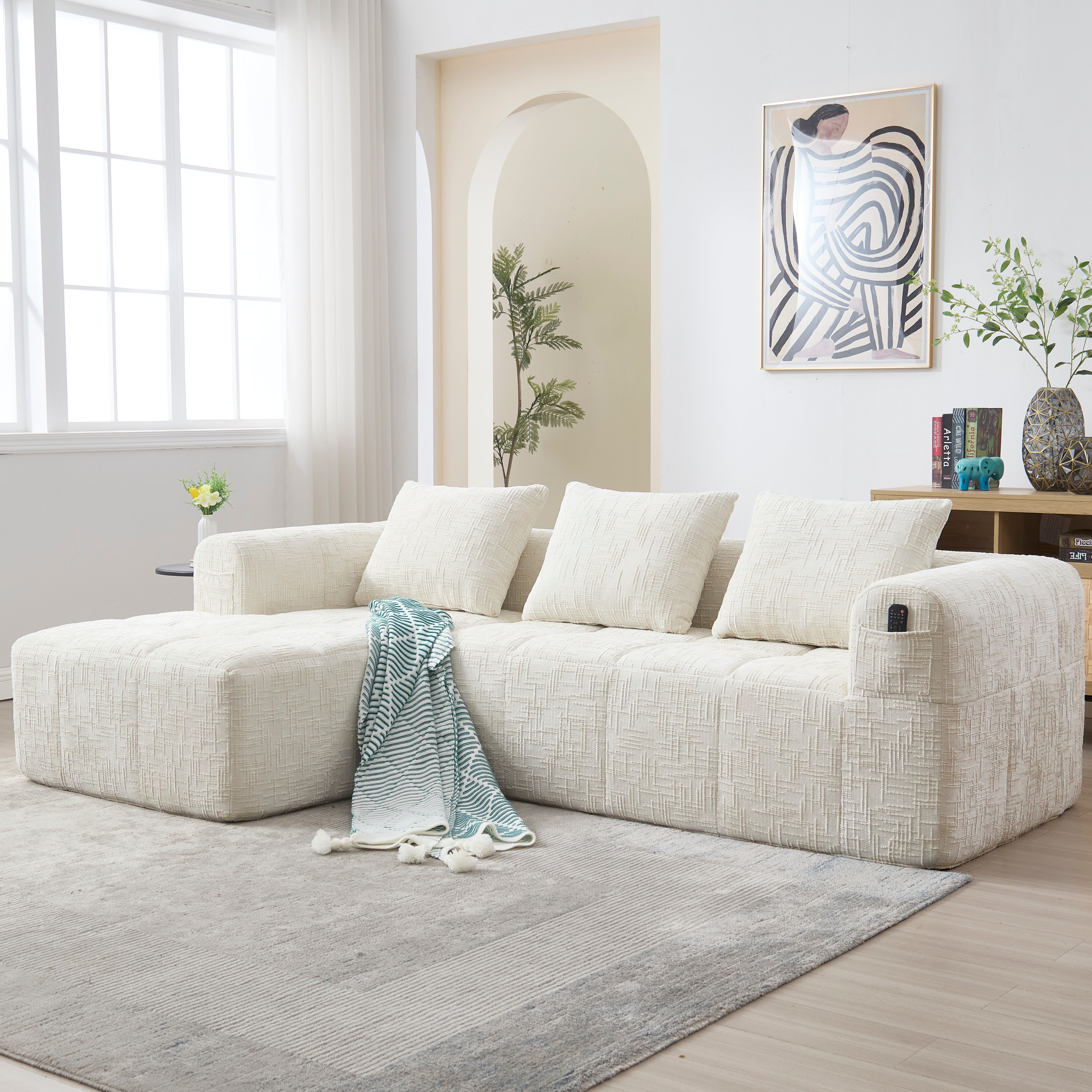 Modern Sectional Sofa, L-Shaped 3-Seater Chaise, No Assembly Chenille Beige