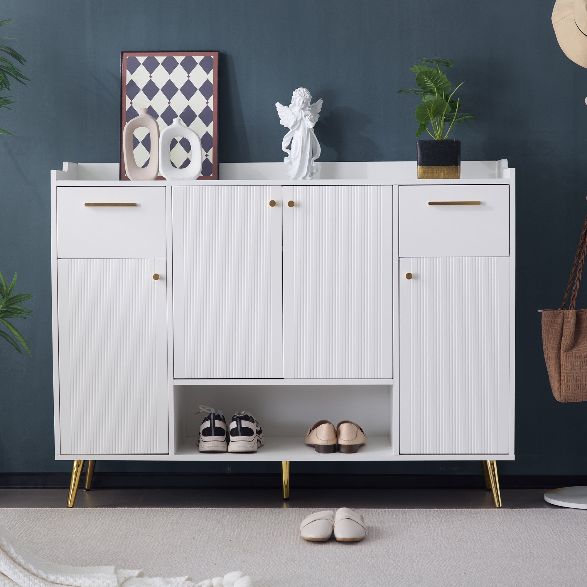 Shoe cabinet, shoe rack with 2 drawers and 4 doors, metal feet, white