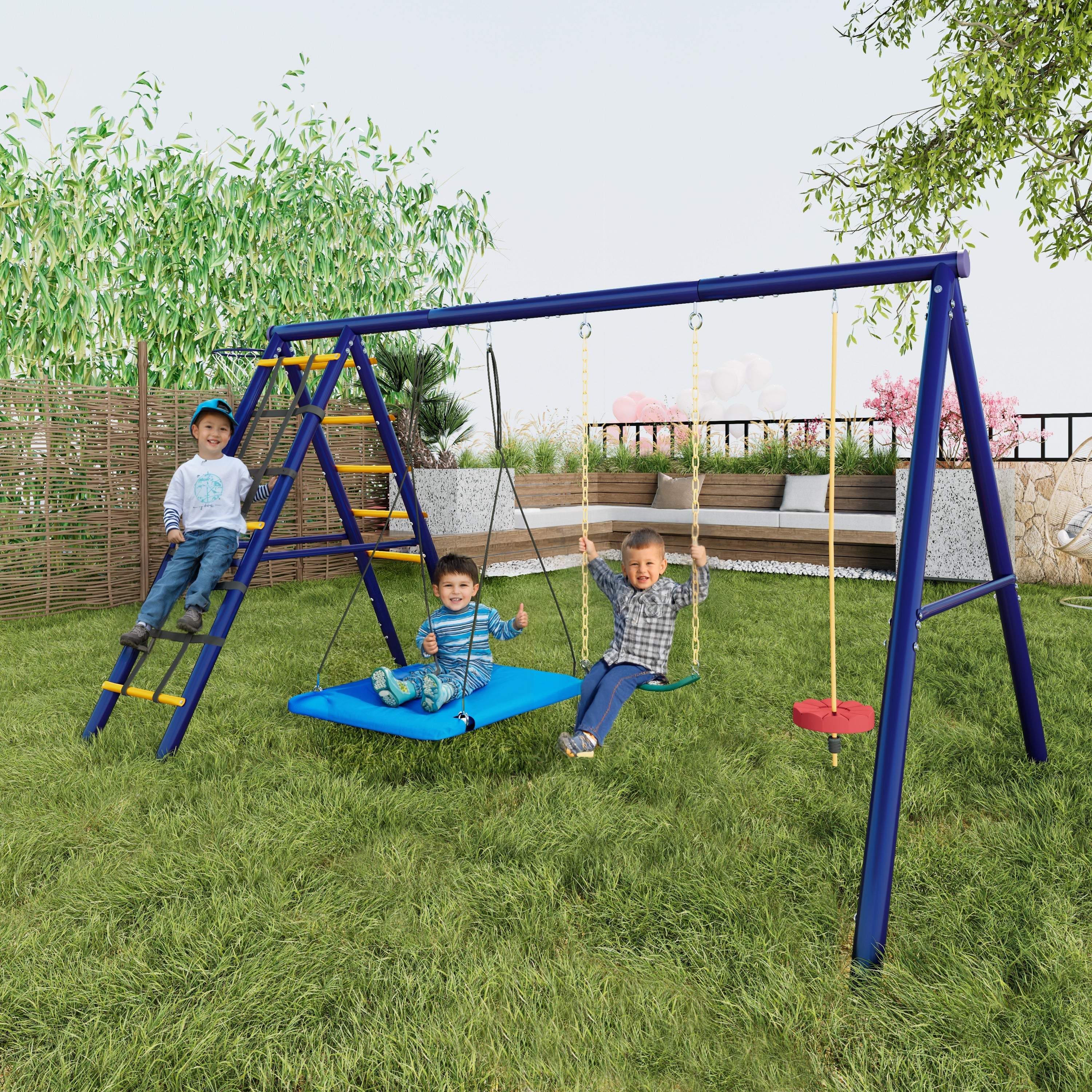 Multifunctional Outdoor Swing Set - 3 Swings, Climbing Frame, Basketball Hoop, Steel