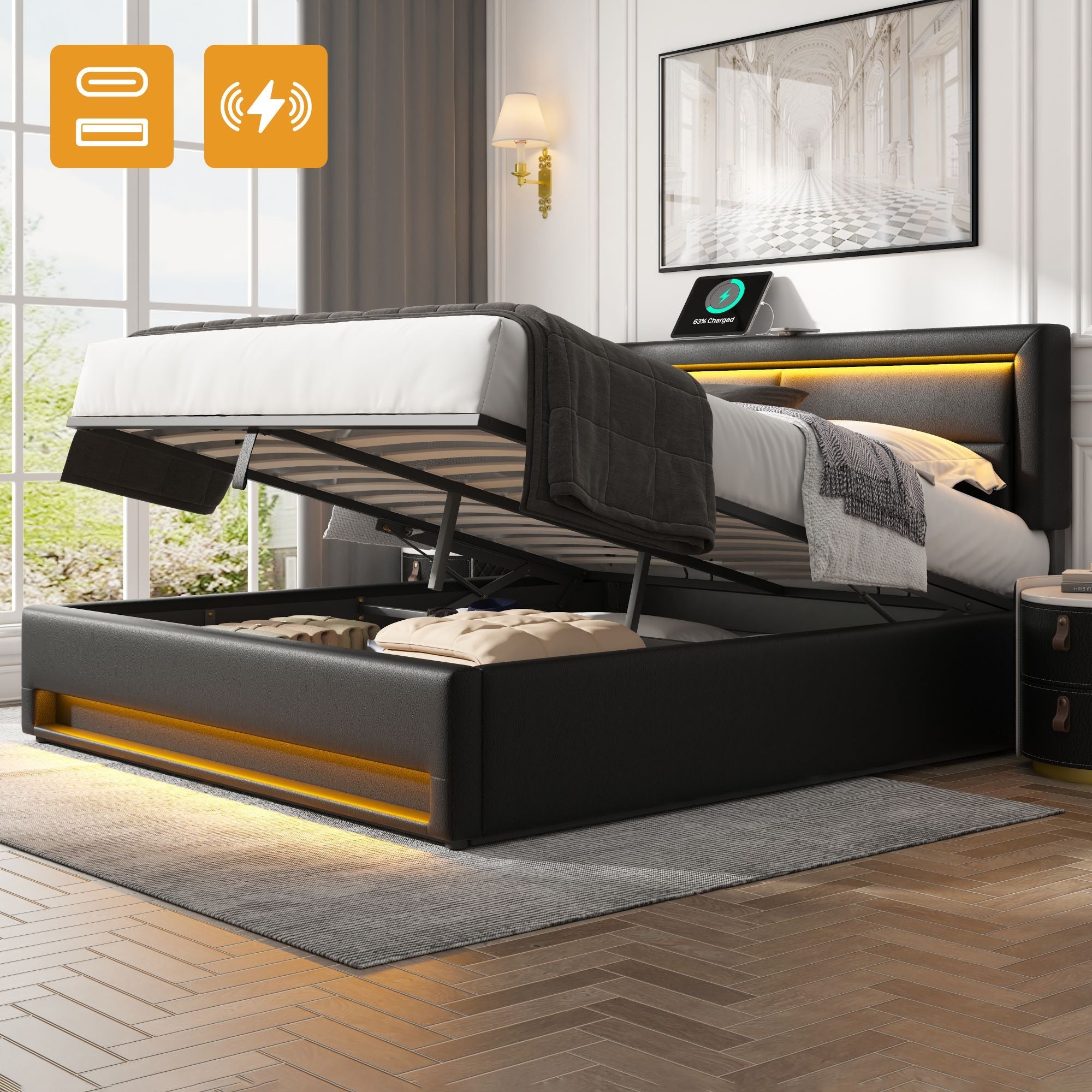 Upholstered Bed, 135x190cm Double (4ft6), with USB Port, LED Lighting & Storage, PU-Lychee, Black