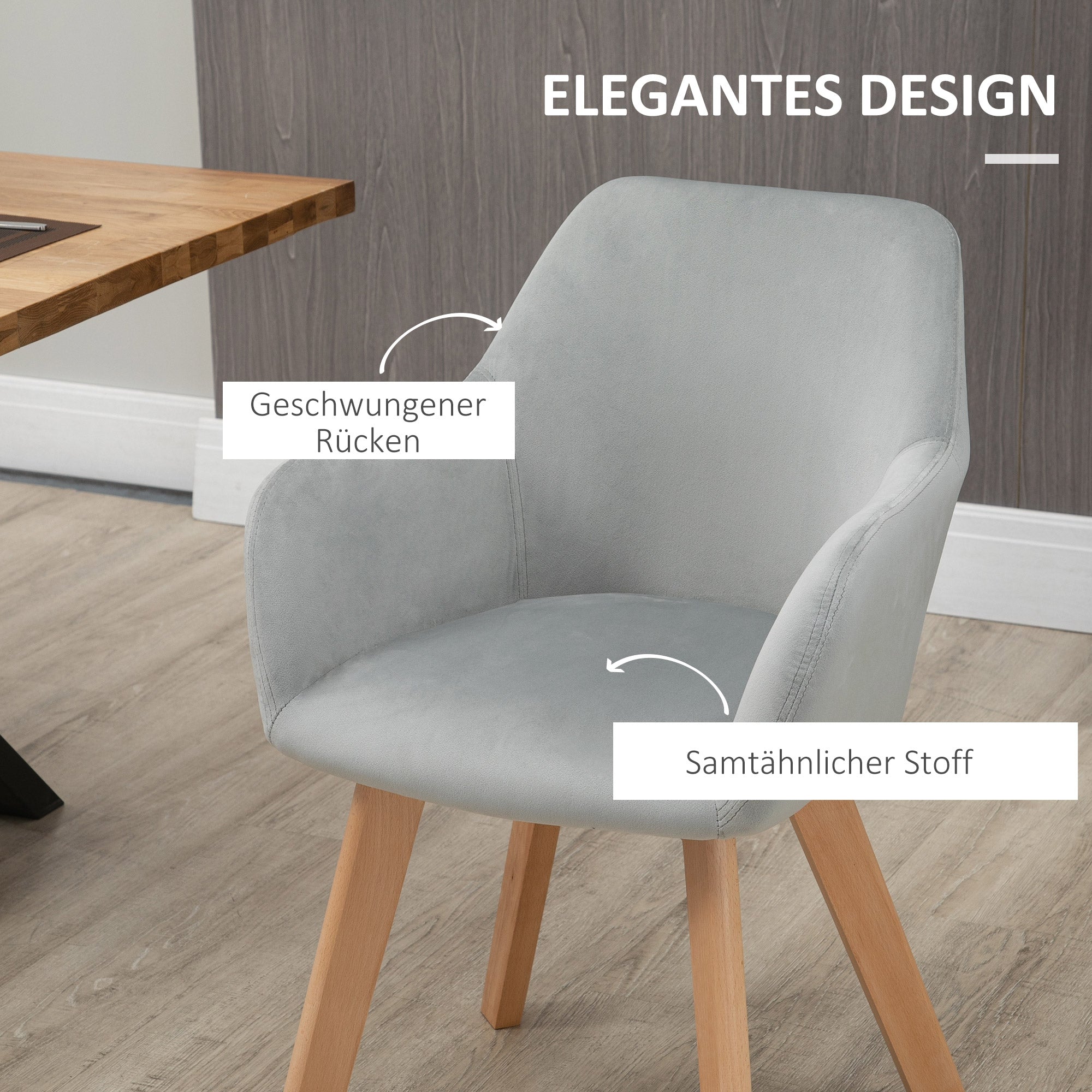 Dining Chairs Set of 2 Kitchen Chairs Armrests Backrest Wooden Legs, Velvet-Look Grey