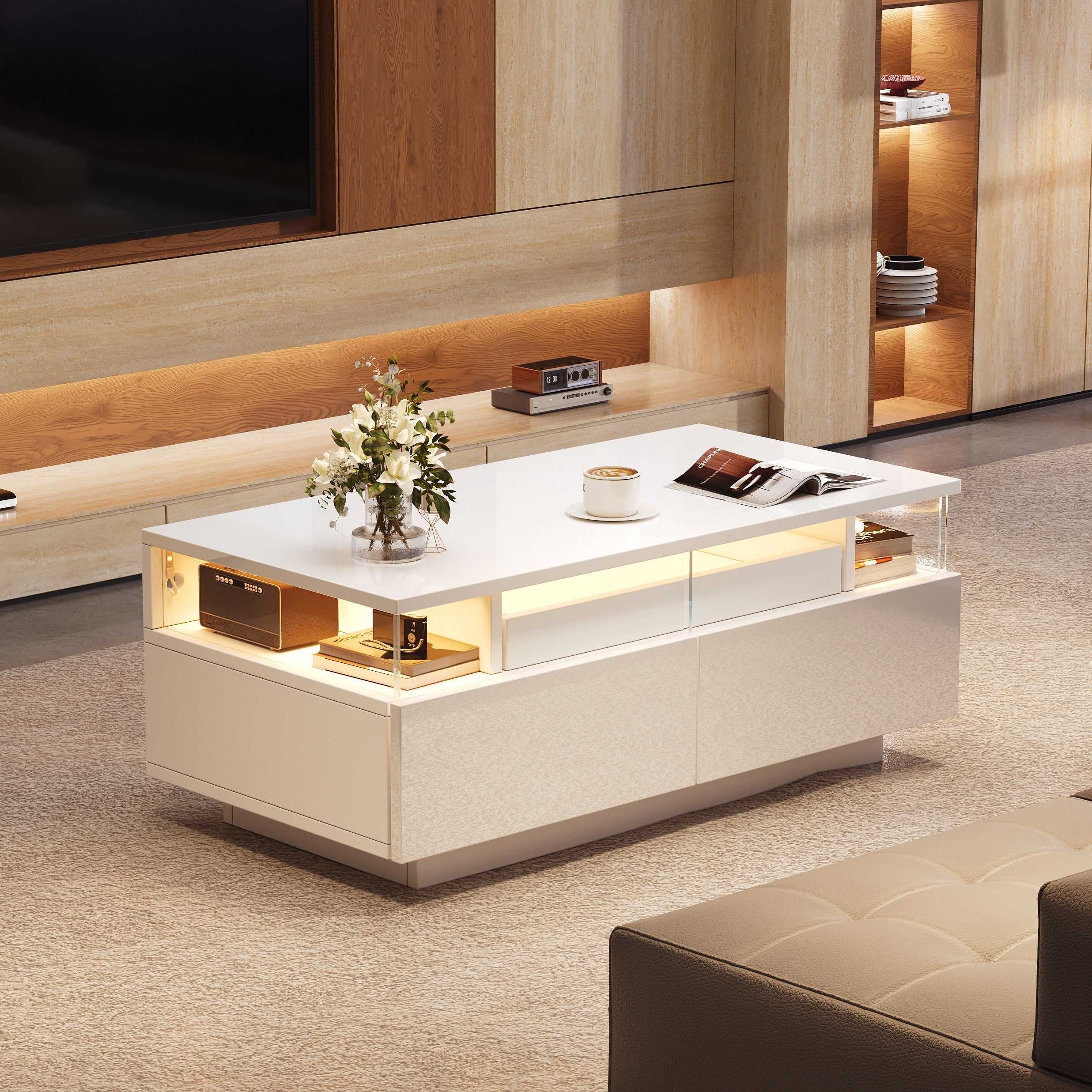 Coffee Table with Tray, 90 x 45 x 35.5 cm, 2 Drawers, Tempered Glass, LED Light, White