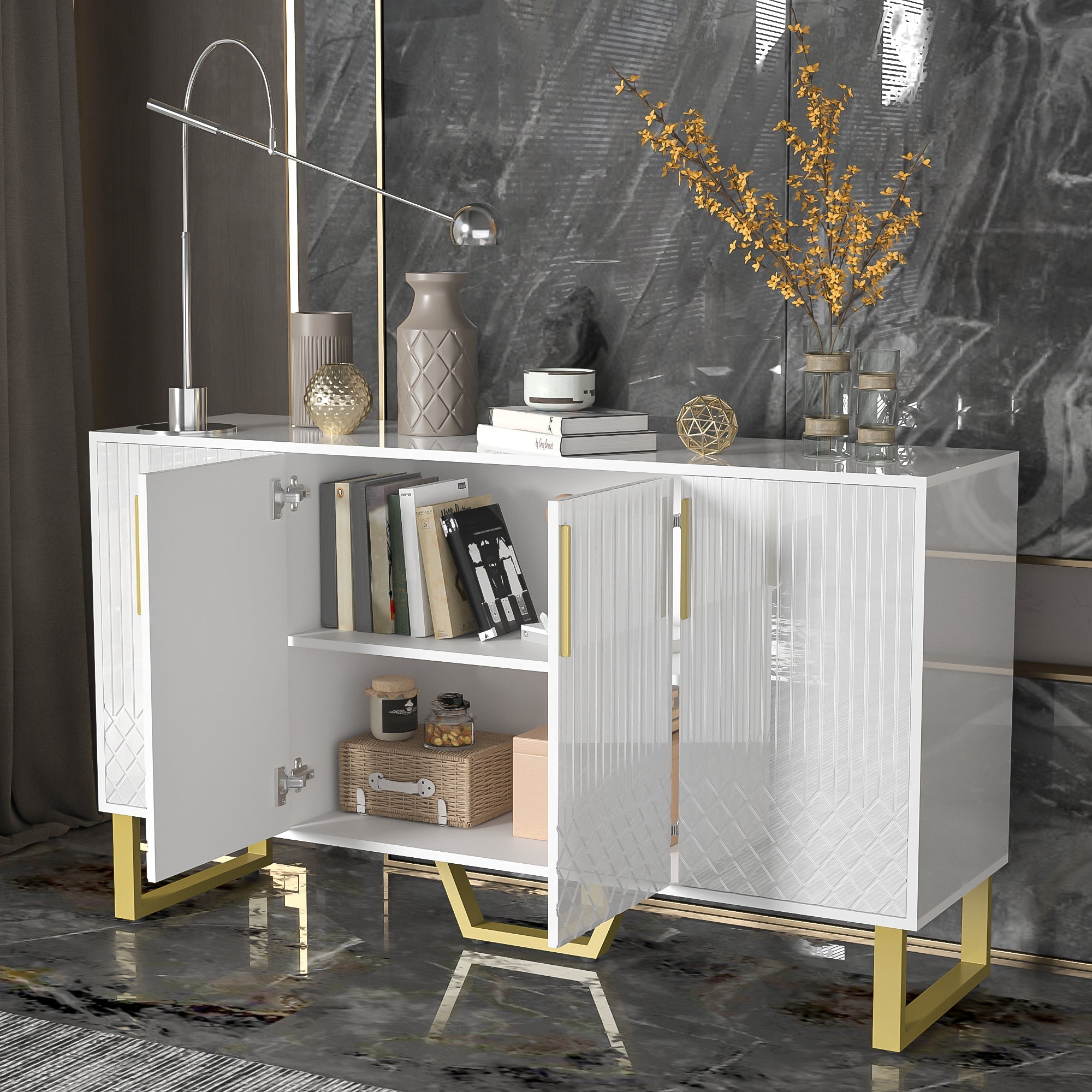 High-gloss Sideboard, 4 Doors, Metal Handles & Legs, White