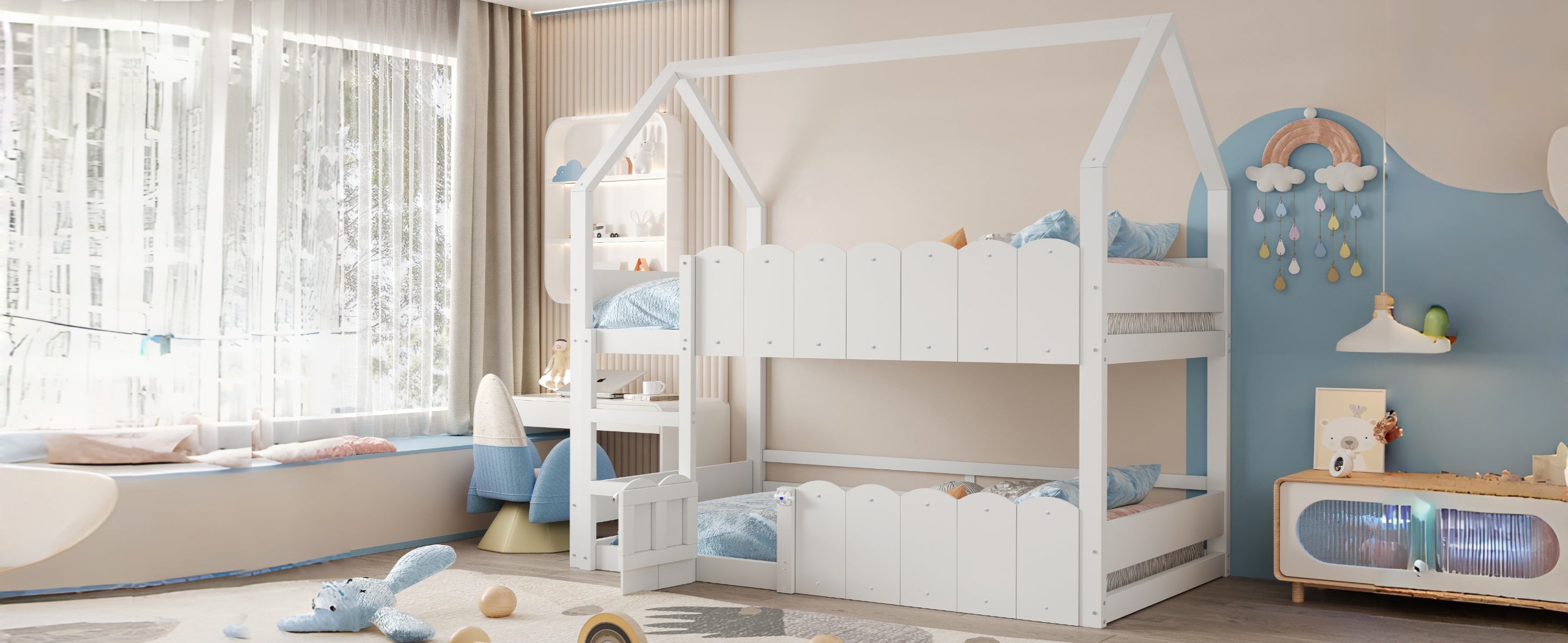 Children's Bunk Bed 90x200cm House Design Slatted Base White