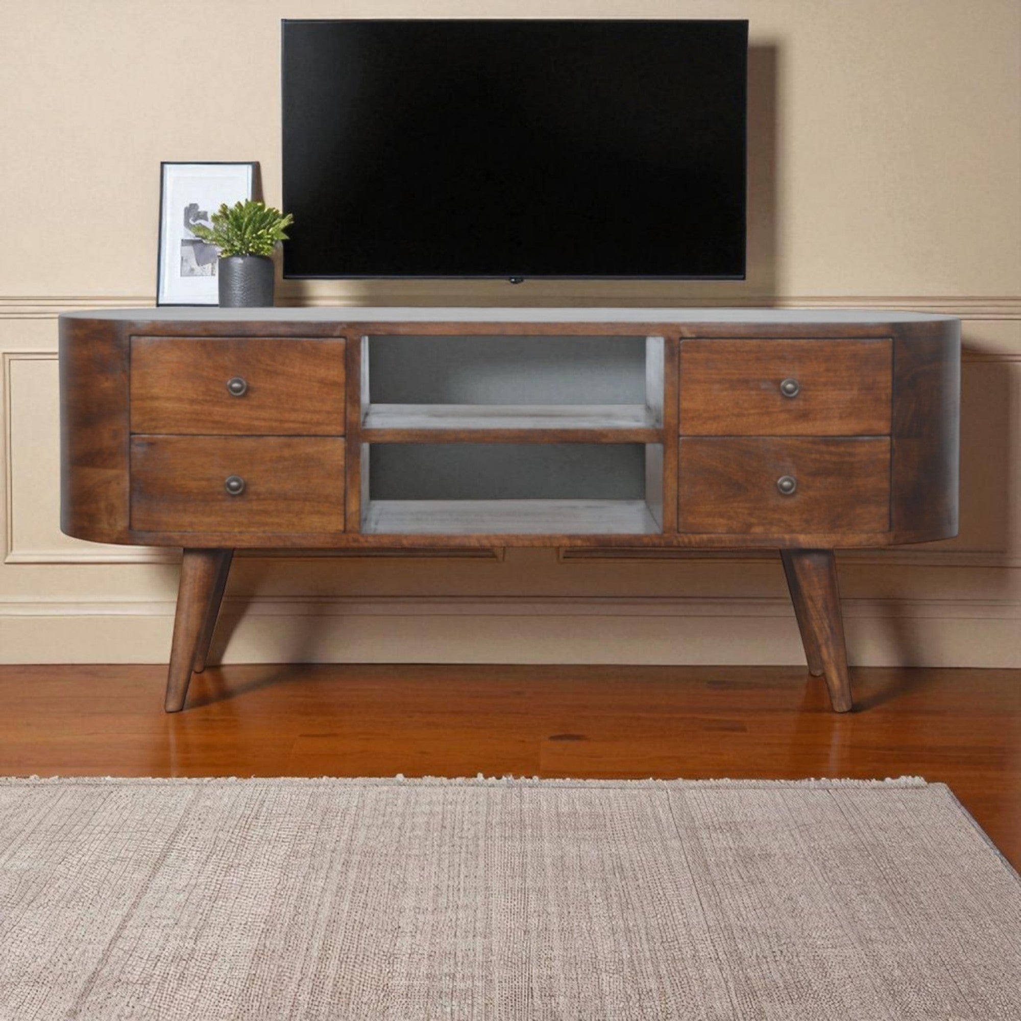 Solid Wood Entertainment Unit, Rounded 4 Drawers 2 Open Slots, Dark Brown Chestnut