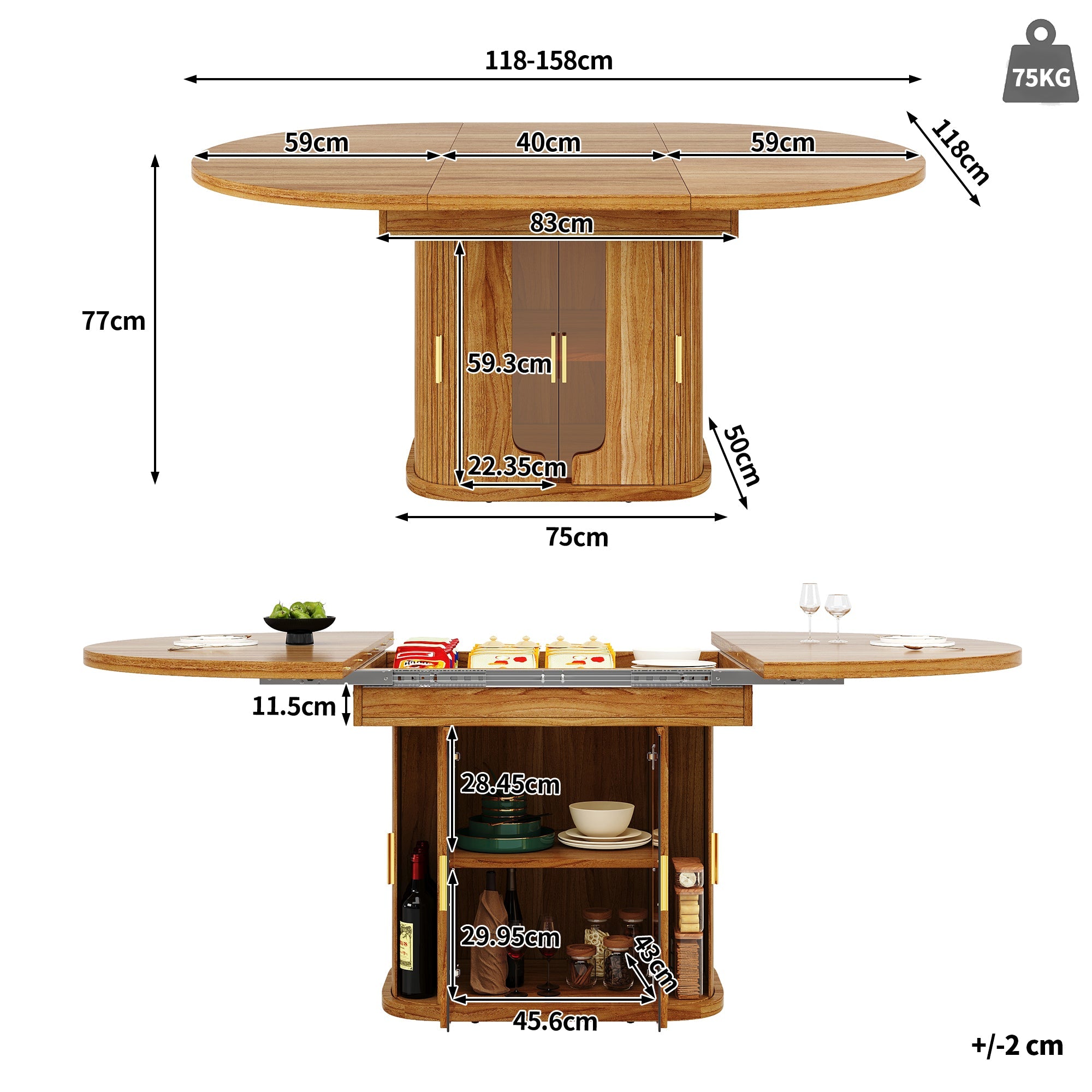 Extendable Round Dining Table, Oval 118-158 cm Seats up to 6 with Glass Doors, Walnut