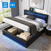 Upholstered Bed 140x200cm LED Storage USB Charging - PU Lychee Black