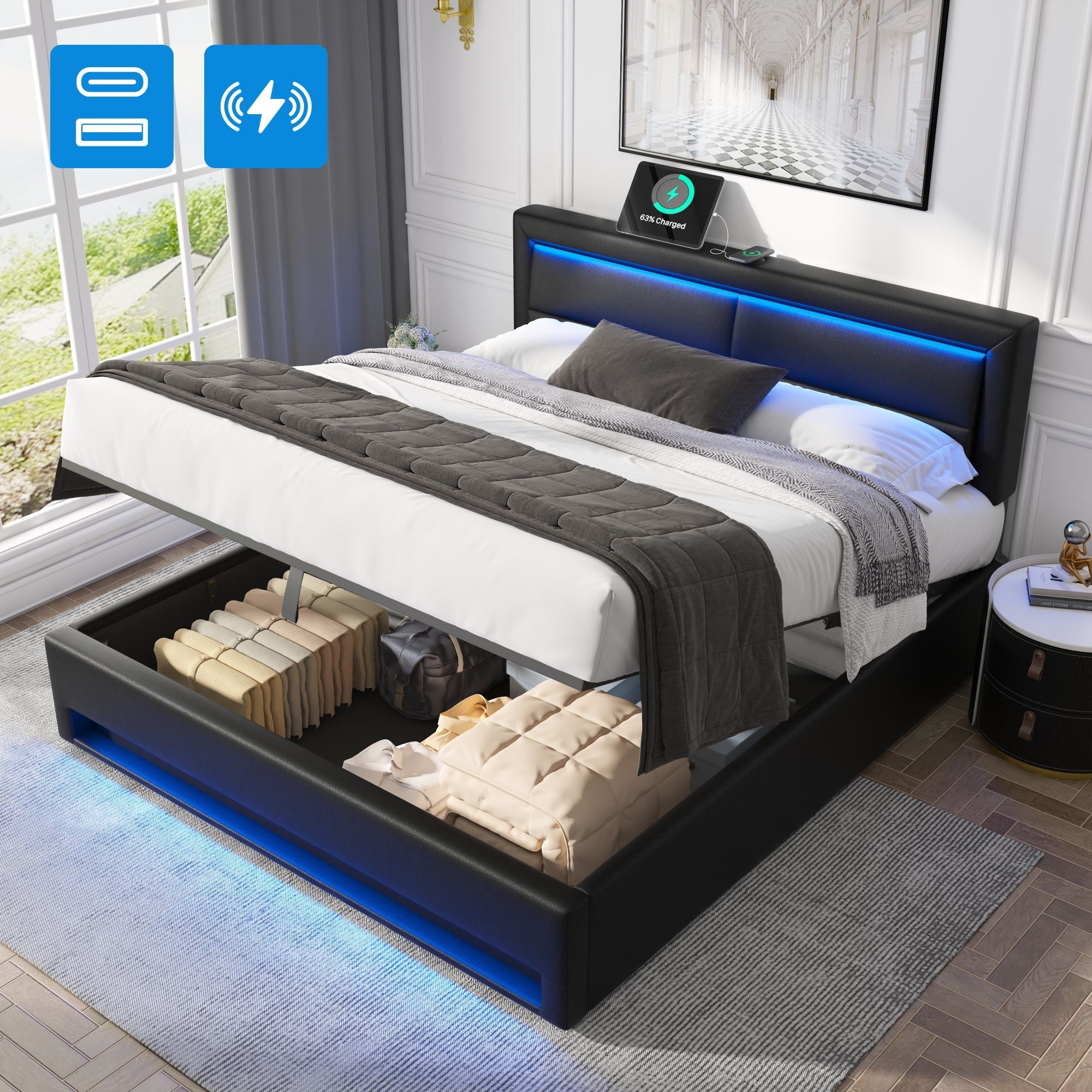Upholstered Bed 140x200cm LED Storage USB Charging - PU Lychee Black