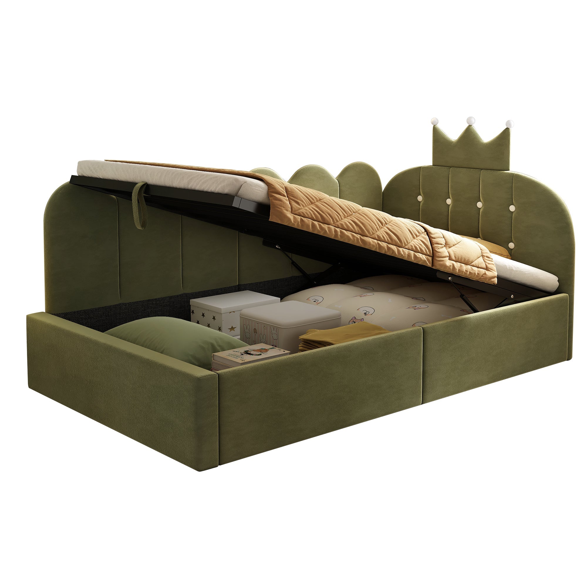 L-Shaped Upholstered Daybed with Hydraulic Storage and Crown-Lattice Design, 90x190cm, Green Velvet