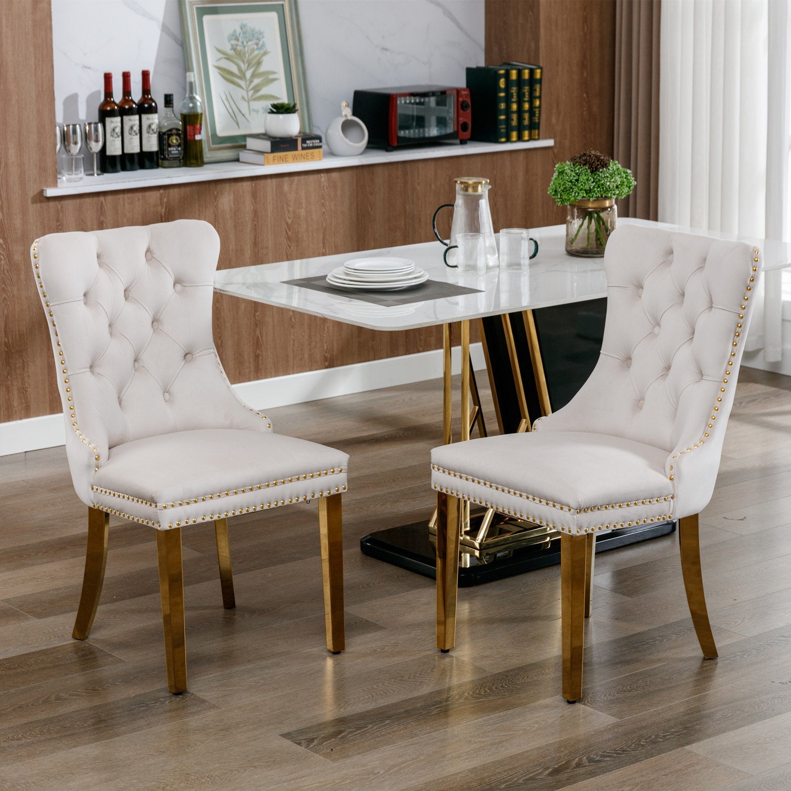 A&A Furniture Nikki Collection Tufted Velvet Dining Chair Set of 2 Gold Legs - Beige/Gold