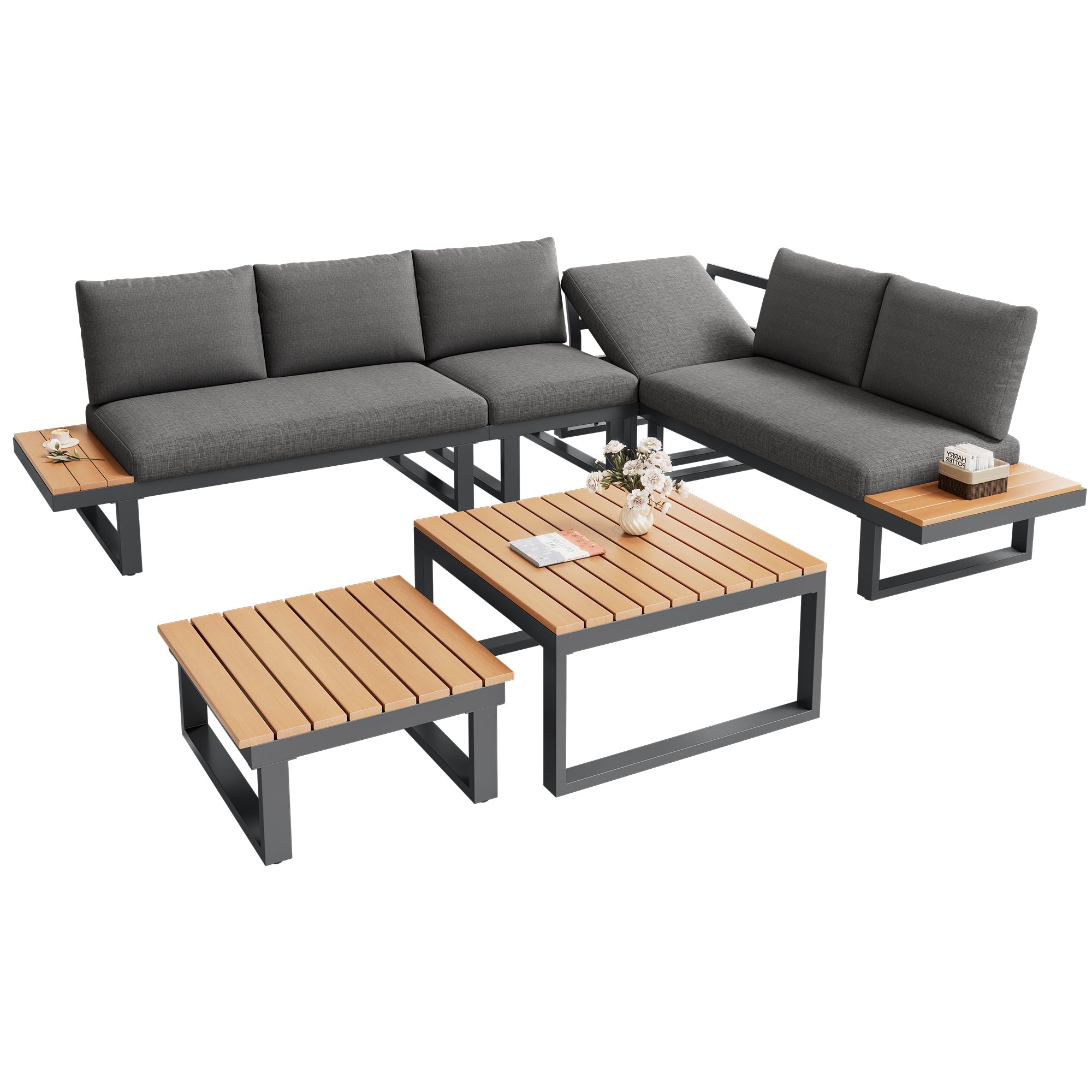 Garden Furniture Set Corner Adjustable Tilt 2 Coffee Tables - Grey/Black