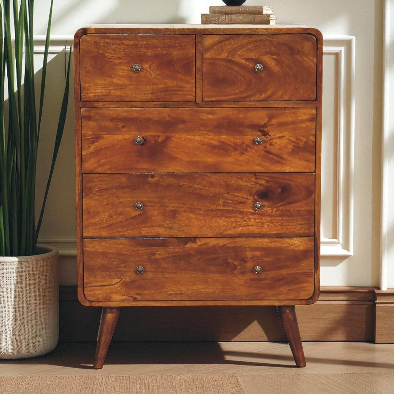 Solid Wood 2 over 3 Curved Chestnut Chest with Nordic Legs, Dark Brown