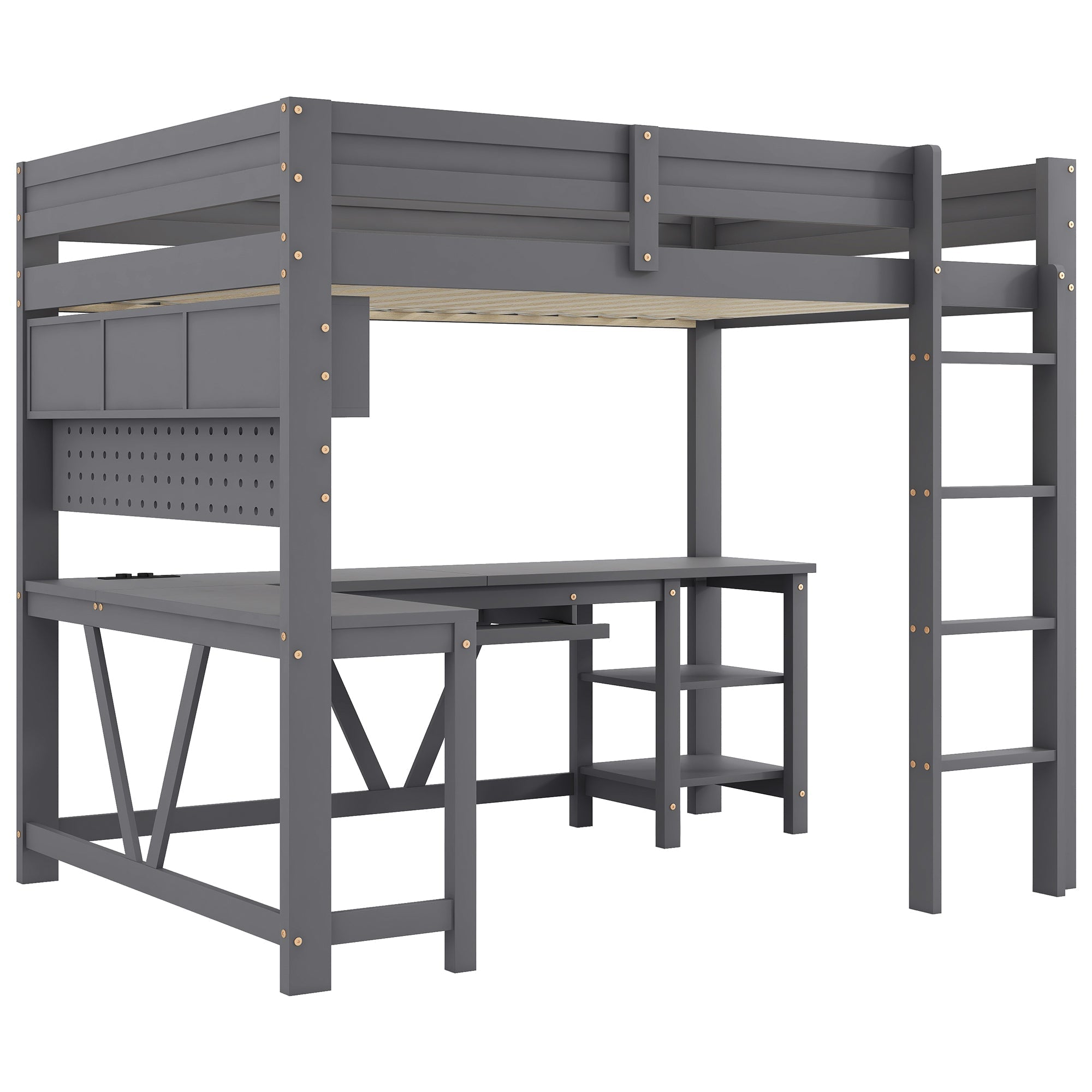 Gaming Loft Bed with Desk, LED Lighting and Charging Station, 90 x 200 cm, Grey Wood