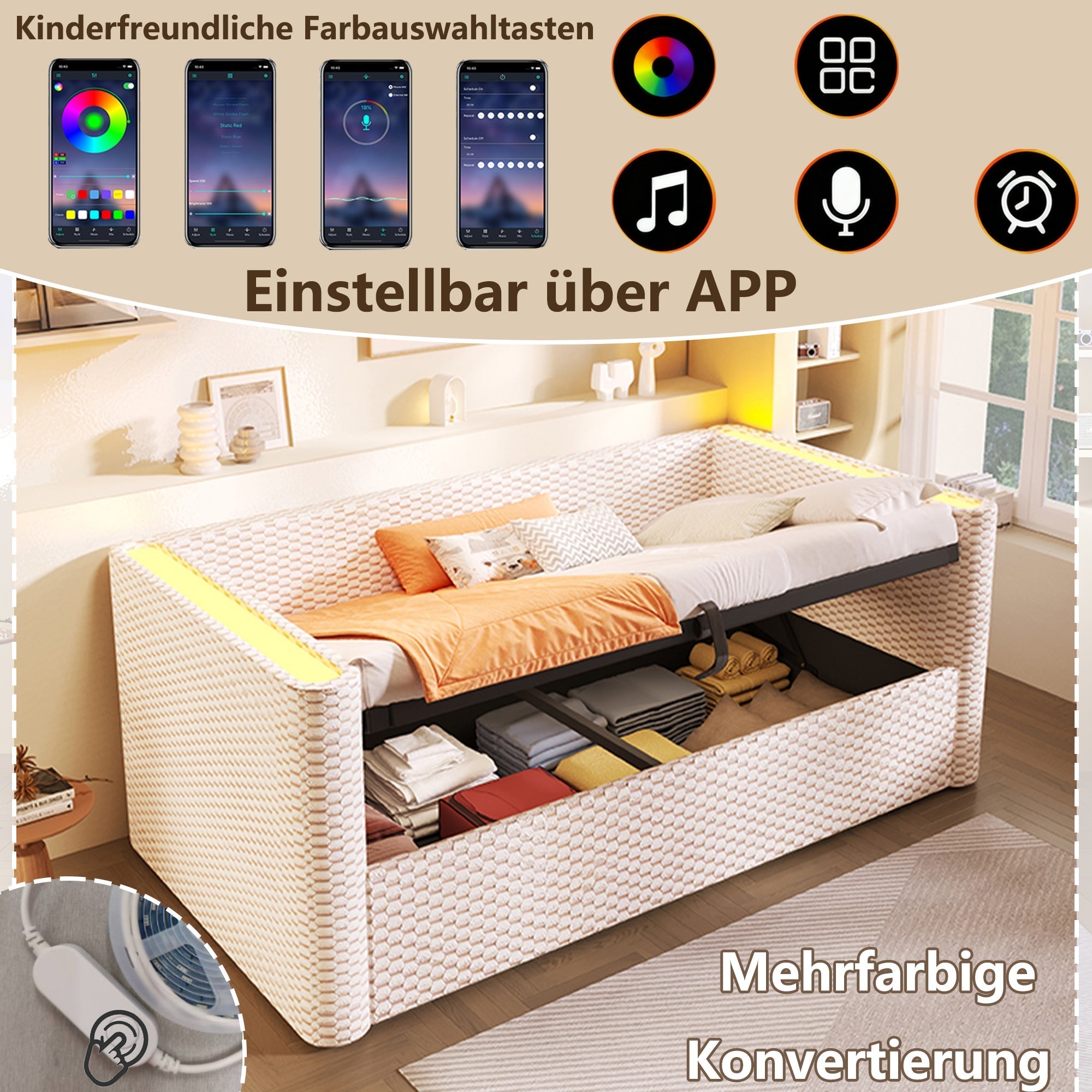 Daybed Sofa Bed 90x200cm Hydraulic Storage LED Lighting Velvet Beige