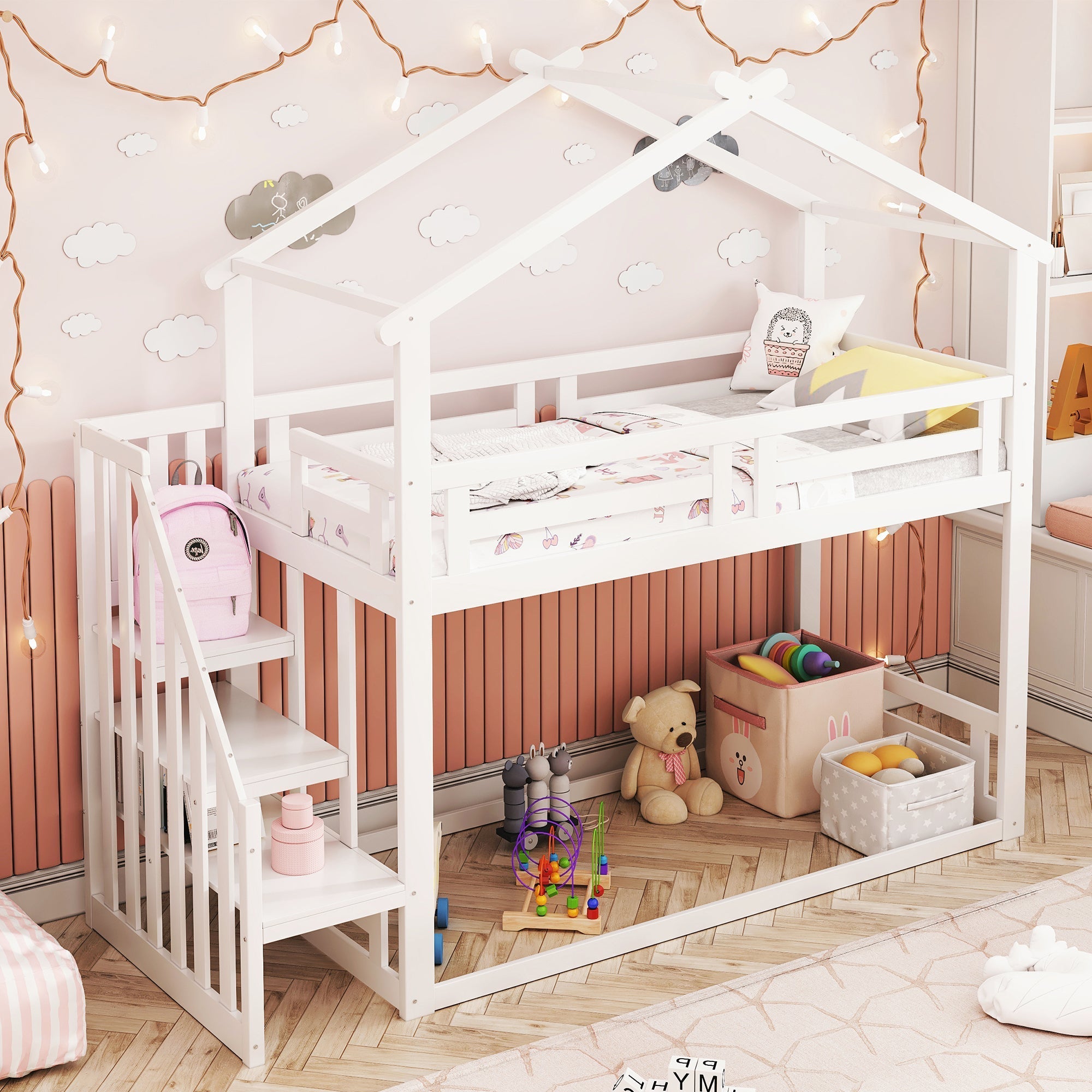 Children's Bed 90x200cm, Low Bunk Bed with Safety Stairs, Solid Wood, White