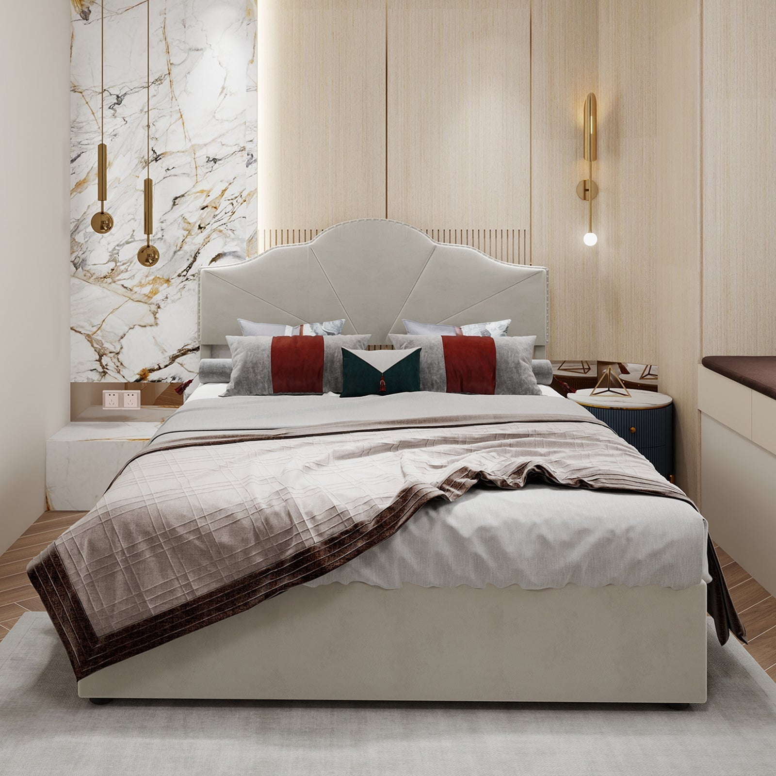 Modern Minimalist Soft Bed, Headboard with Hydraulic Rod, 140x200cm, Beige