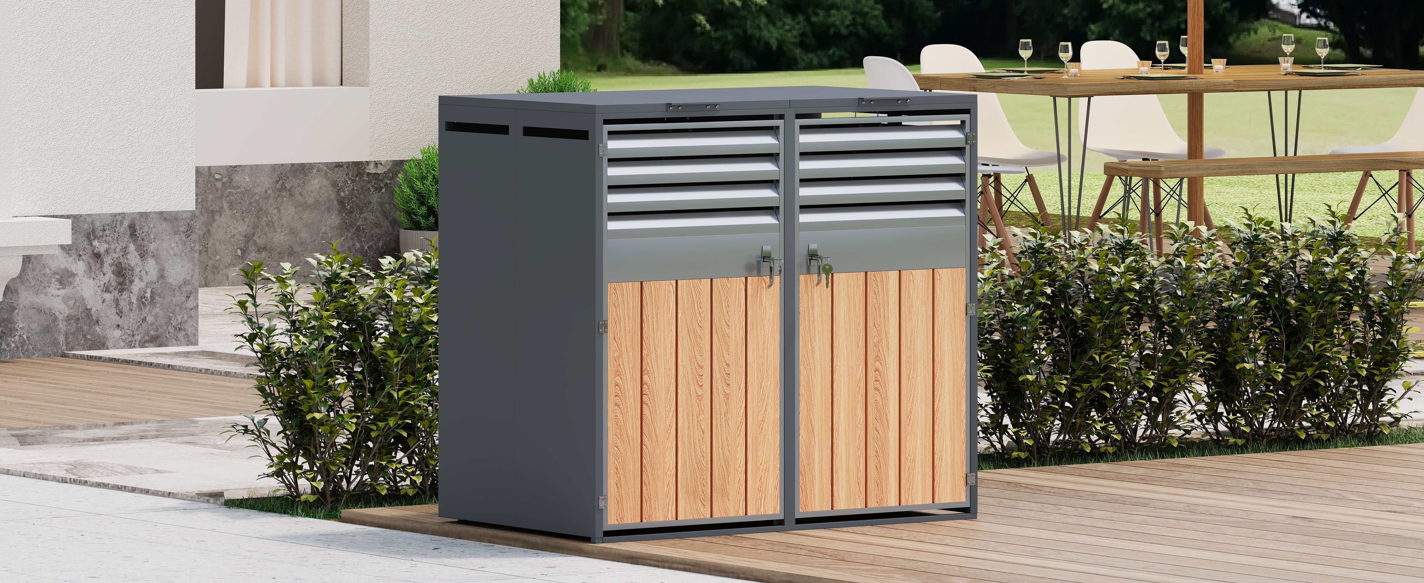 Bin Storage Box with Hinged Lid, Louvered Ventilation and Two Doors, Lockable Plastic