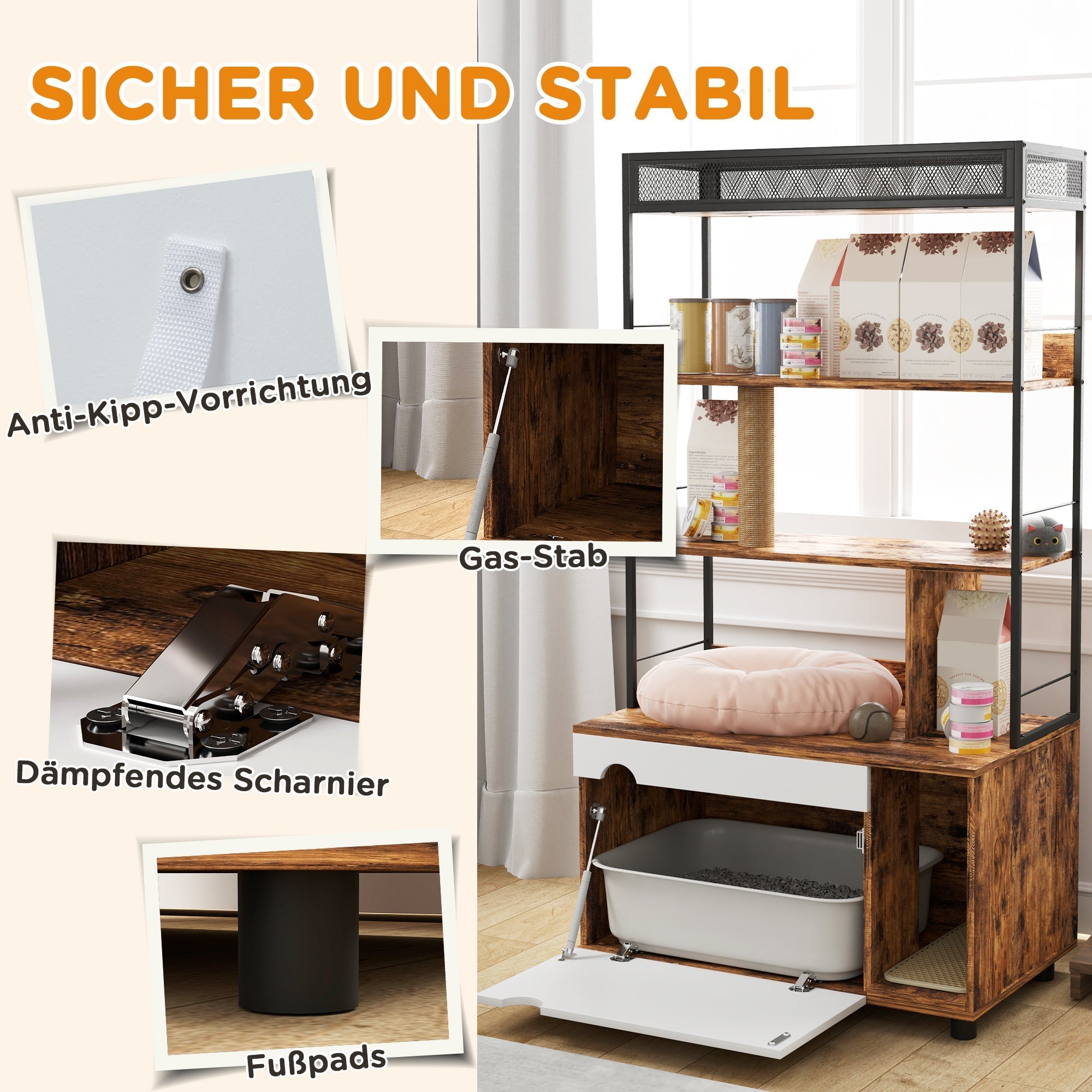 Katzenklo-Schrank, 2-in-1, 3-stöckiges Regal, Kratzbaum, Rustikales Braun