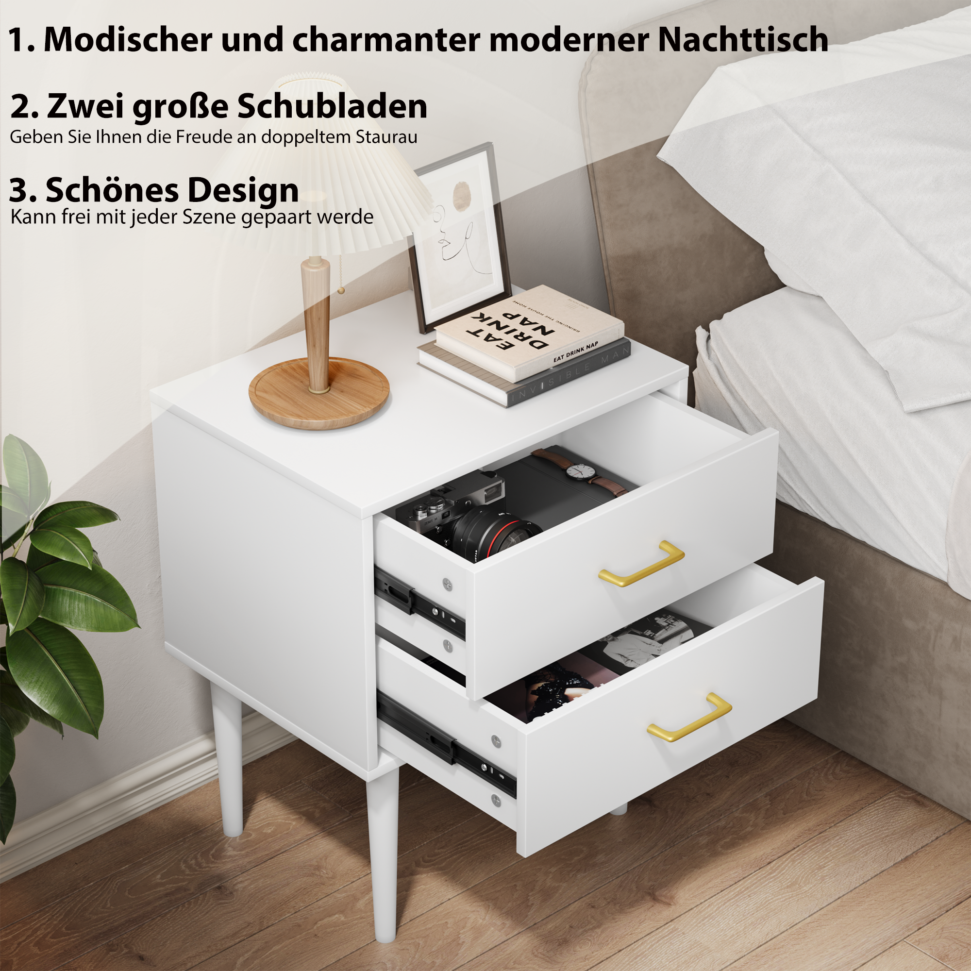 White bedside table with 2 drawers, bedroom nightstand, modern nightstand with wooden legs, 1 piece