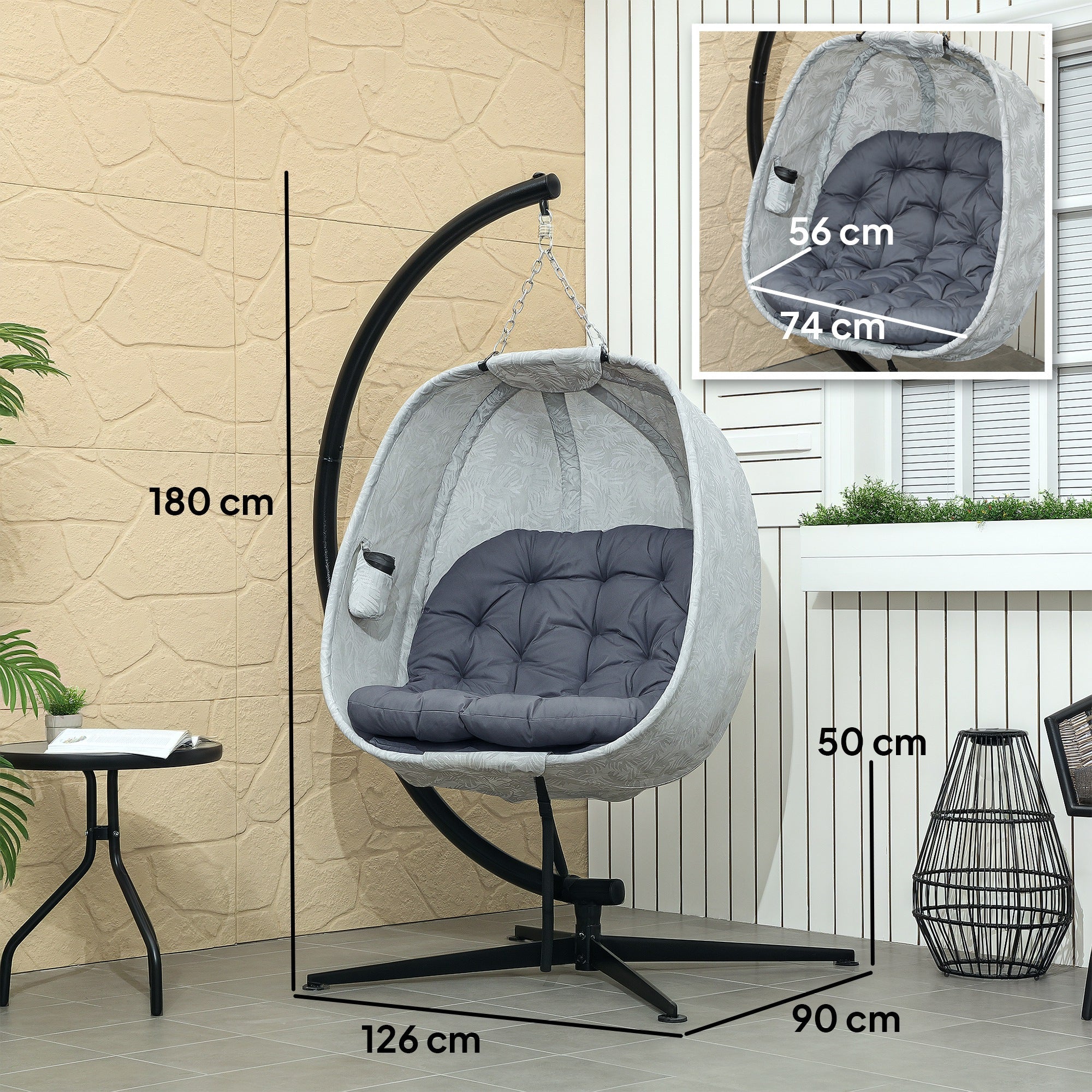 Eiförmiger Outdoor-Hängesessel, klappbare Schaukel-Hängematte mit Ständer, Grau