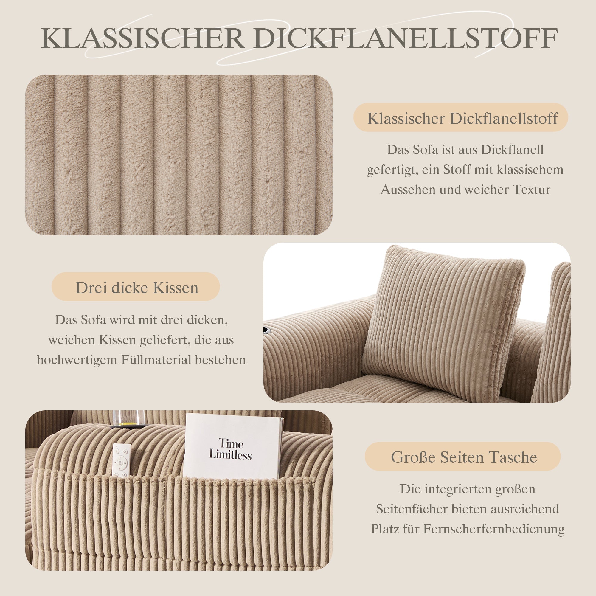 Compact Sofa Modular Side Pocket Cup Holder 3 Cushions - Corduroy Khaki