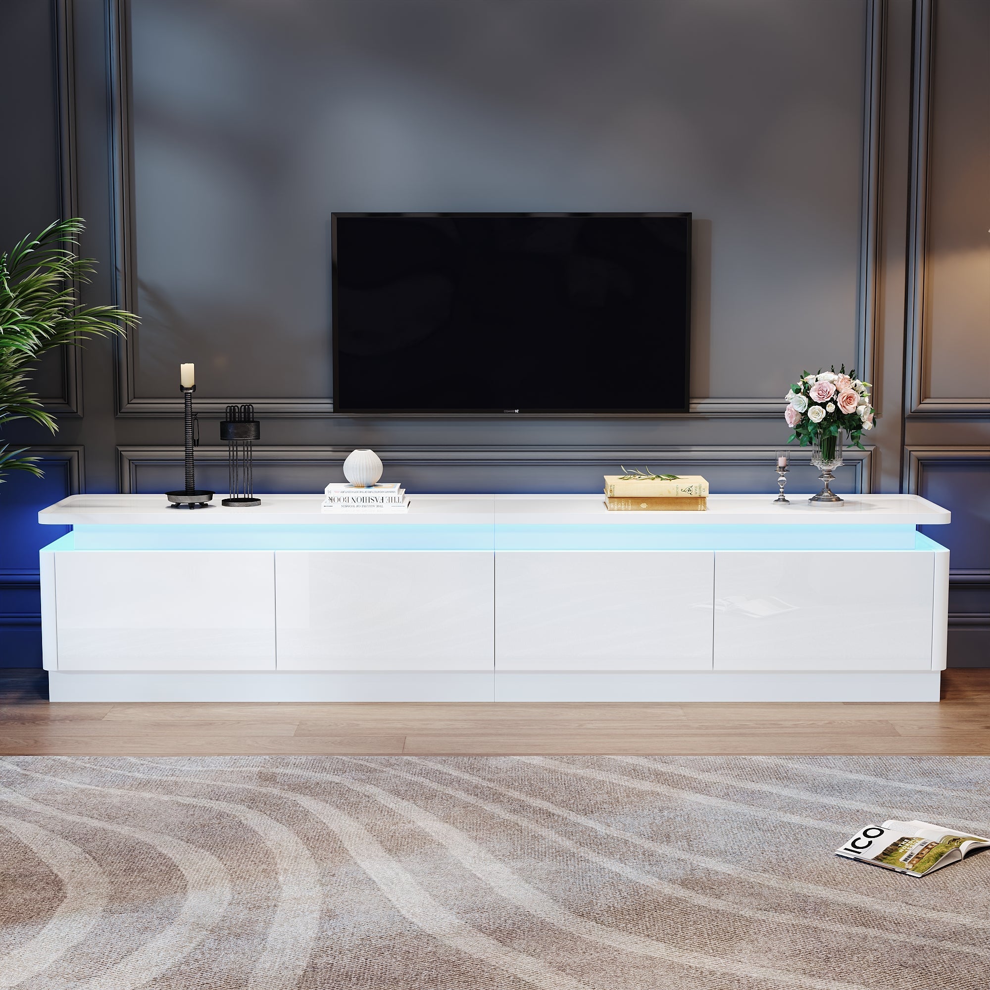 TV Cabinet, 180x34x40cm, 4 Drawers, LED, High-Gloss, for 80-inch TVs, White