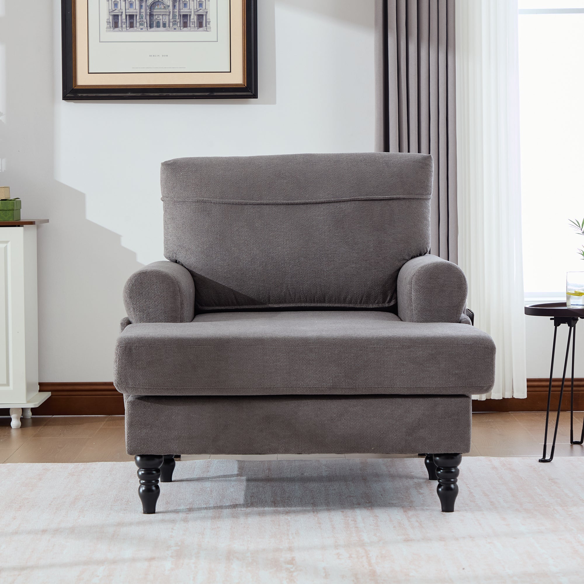 Modern Minimalist Lounger Single Sofa with Wooden Legs and Side Pockets, Chenille Fabric