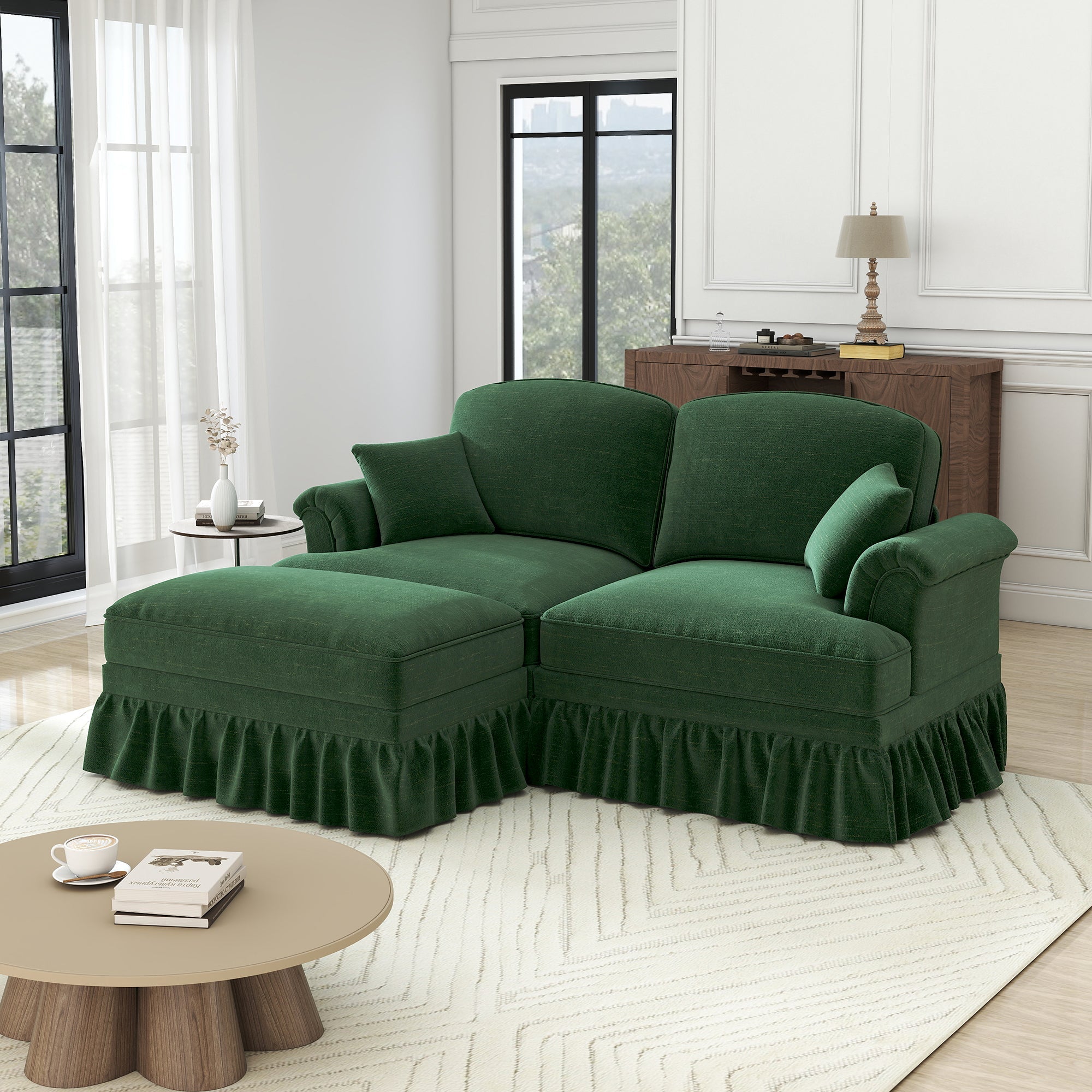 Modular L-Shaped 2-Seater Sofa Mid-Century with Ottoman - Chenille Green