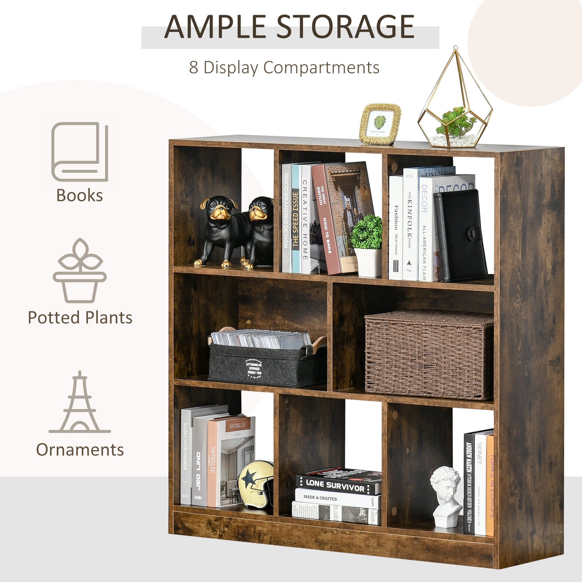3-Tier Bookcase Storage Shelf Unit with Open Compartments, Rustic Brown