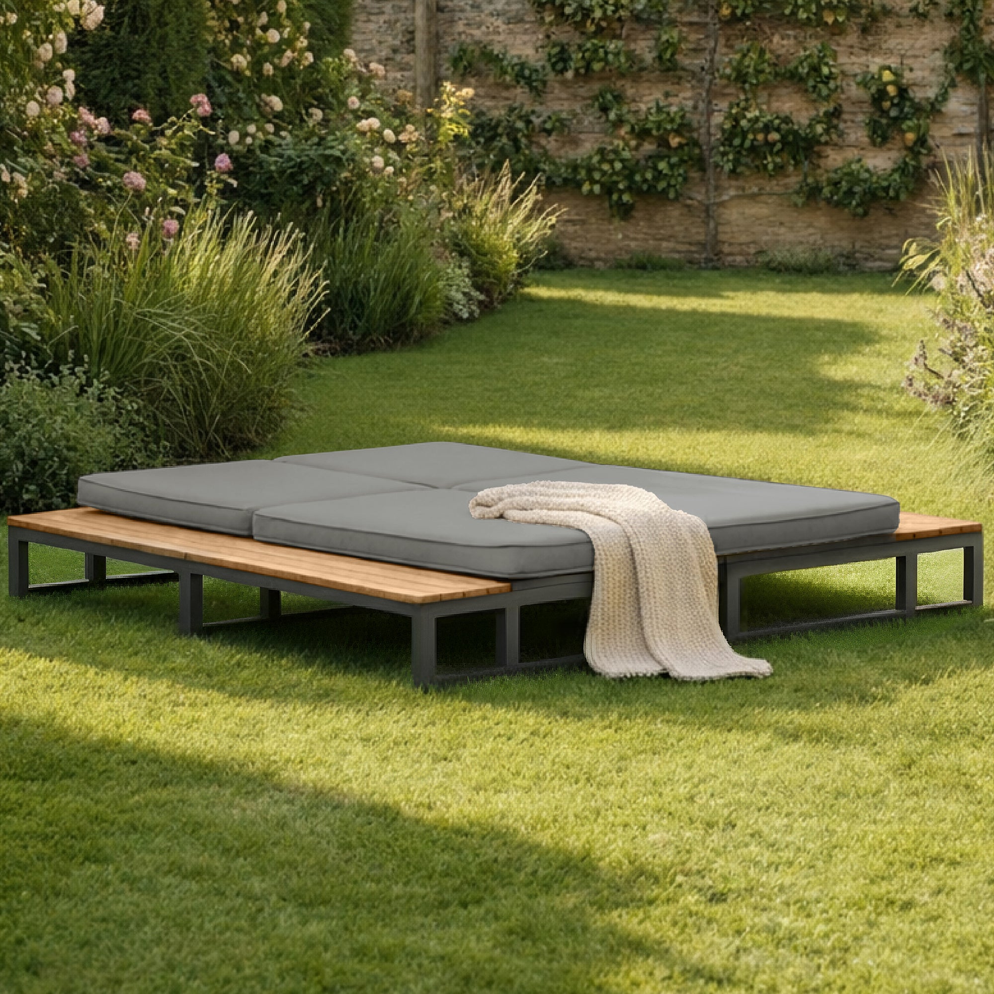 Outdoor Patio Daybed with Adjustable Backrest and Side Shelves, Waterproof Double Lounger, Gray